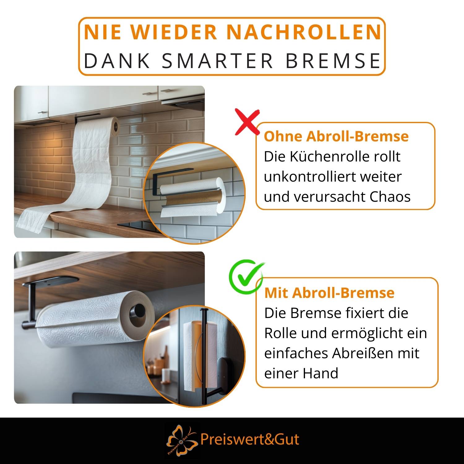 Das Bild vergleicht zwei Küchenrollenhalter. Der linke, mit einem roten X markiert, ermöglicht unkontrolliertes Abrollen. Der rechte, mit einem grünen Häkchen versehen, verfügt über eine Bremse zum einfachen Abreißen.