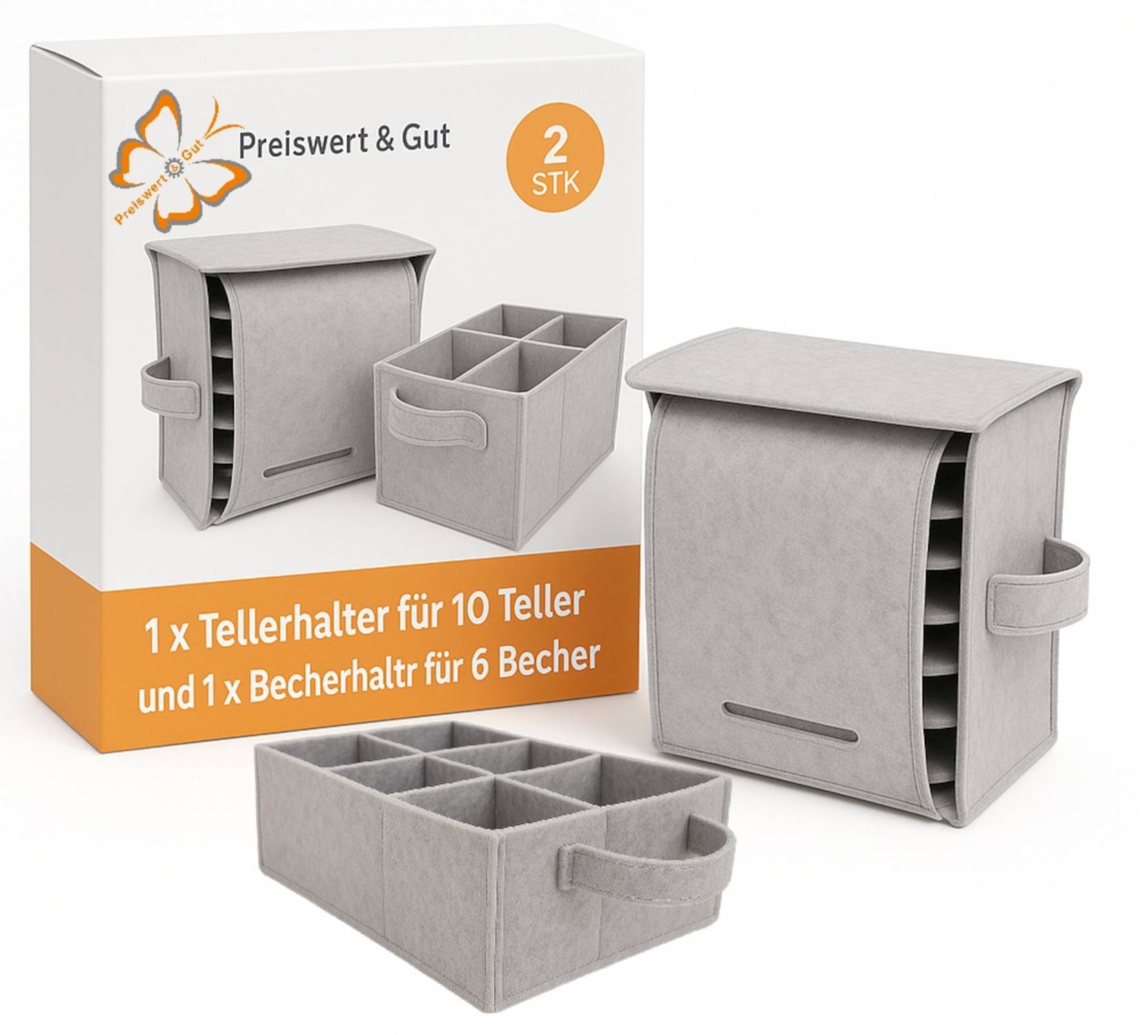 Set aus zwei Filzhaltern: einer für 10 Teller, einer für 6 Tassen. Grau mit Griffen. Verpackung trägt den Aufdruck „Preiswert & Gut 2 STK