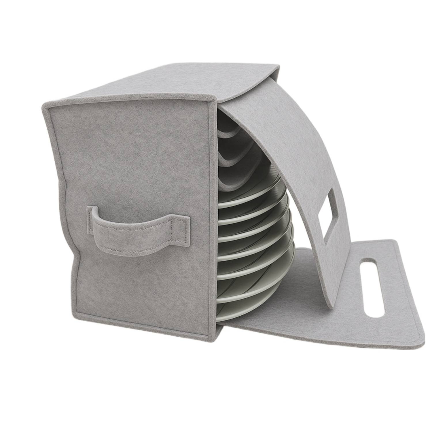 Graue Filz-Aufbewahrungsbox mit Griff, geöffnet, zeigt gestapelte Teller im Inneren. Konzipiert zum Organisieren und Schützen von Geschirr.