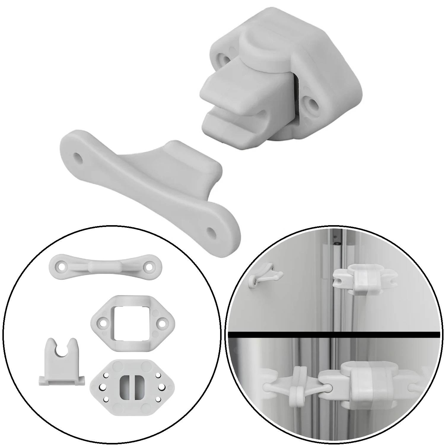 Kindersicherung für Schränke mit Installationszubehör, dargestellt in einer Explosionszeichnung und in installierter Position an einer Schranktür.