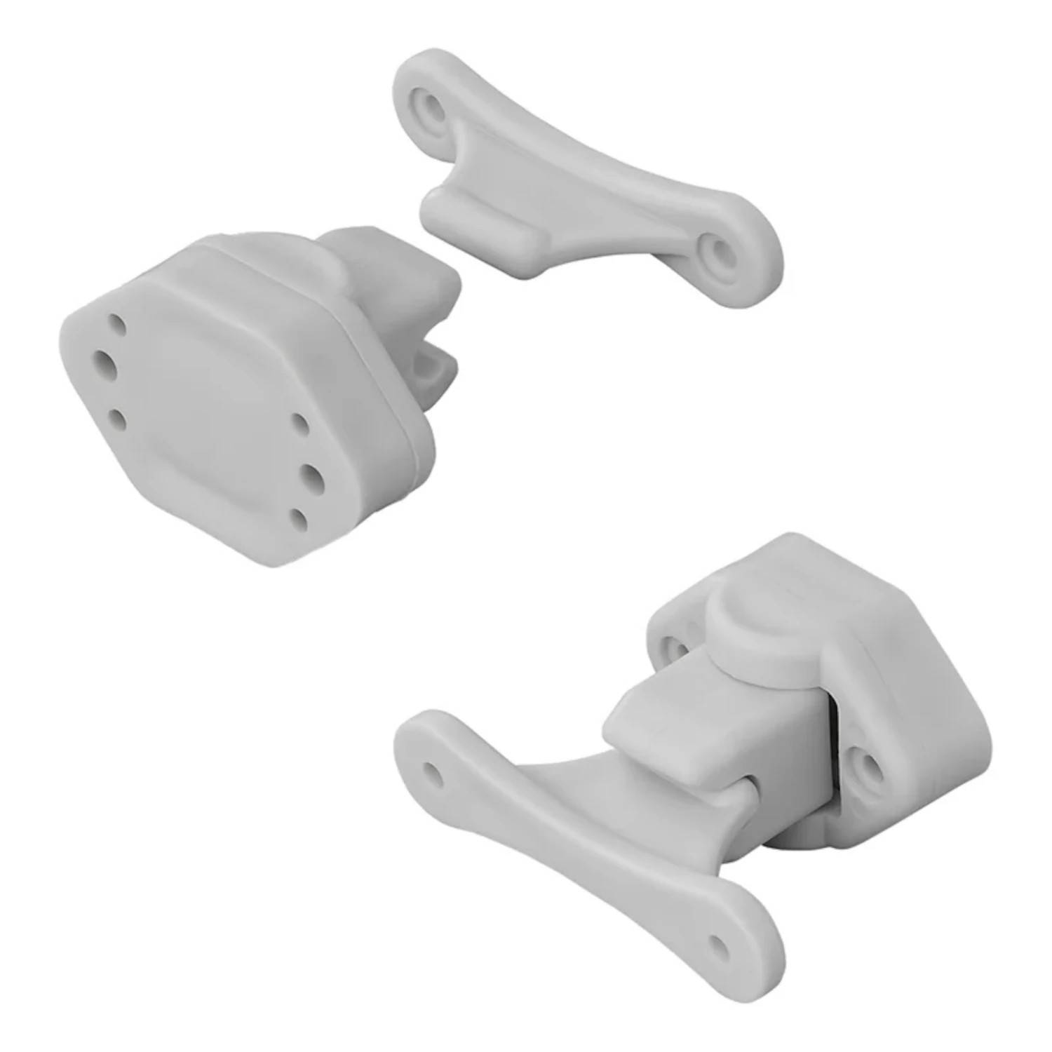 Zwei weiße Kunststoff-Schrankverriegelungen, die für die Kindersicherheit entwickelt wurden, mit Ansichten sowohl im zusammengebauten als auch im zerlegten Zustand, wobei die Schraublöcher deutlich sichtbar sind.