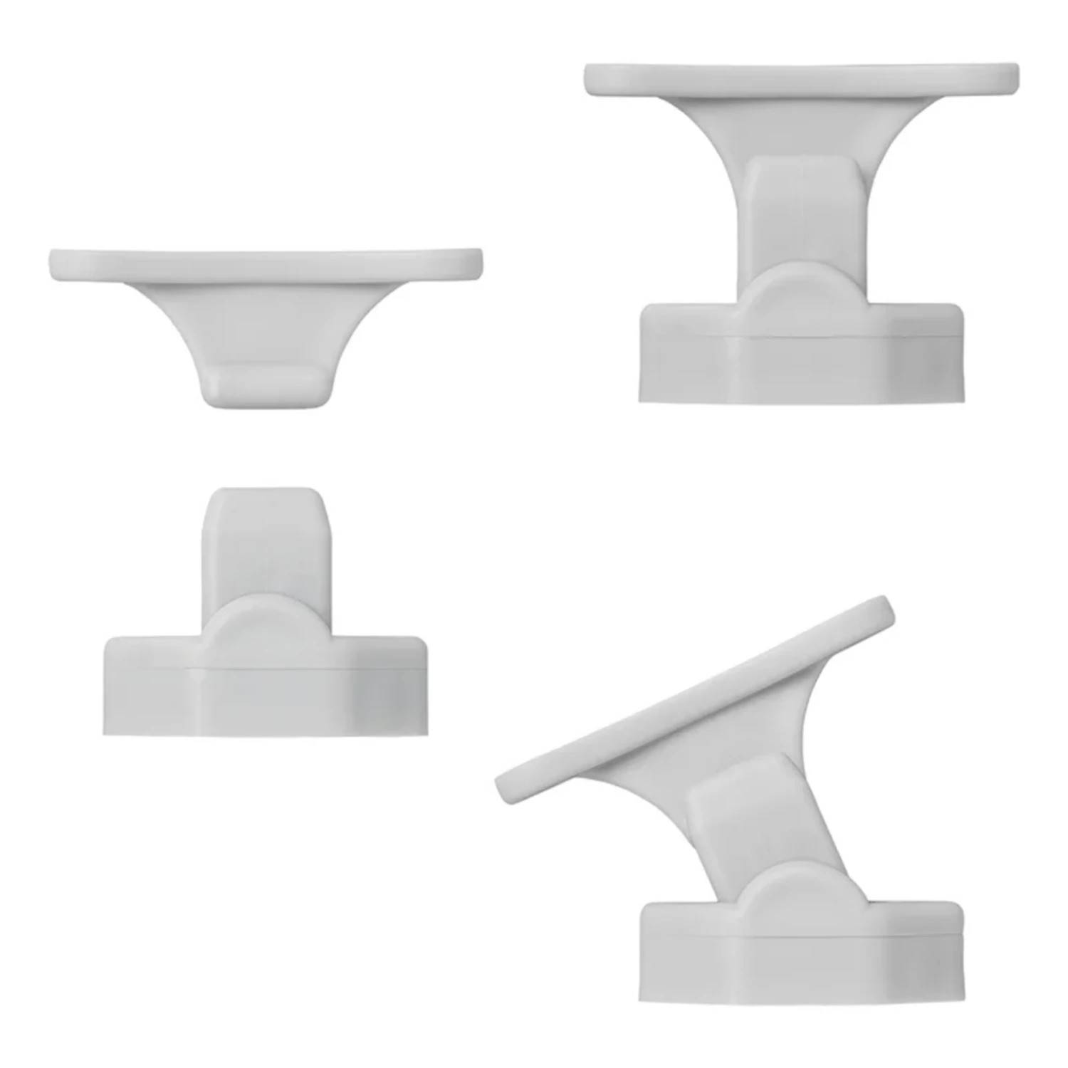 Vier weiße Kunststoffhalterungen in verschiedenen Ausrichtungen, geeignet zum Abstützen oder Verbinden von Objekten.