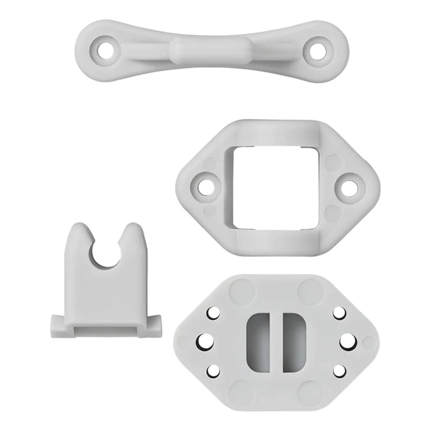 Ein Satz von vier weißen Kunststoff-Hardwarekomponenten, bestehend aus einer Halterung, einem Halter und zwei Anschlüssen, auf einem weißen Hintergrund angeordnet.