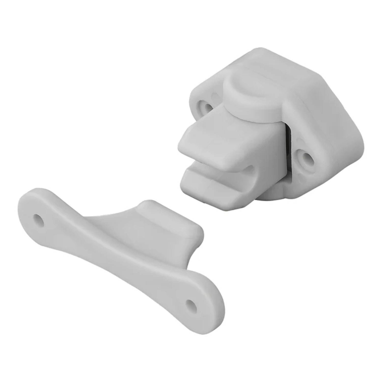 Eine weiße Kunststoff-Magnetfalle mit Löchern für Schrauben, die zerlegt dargestellt wird.