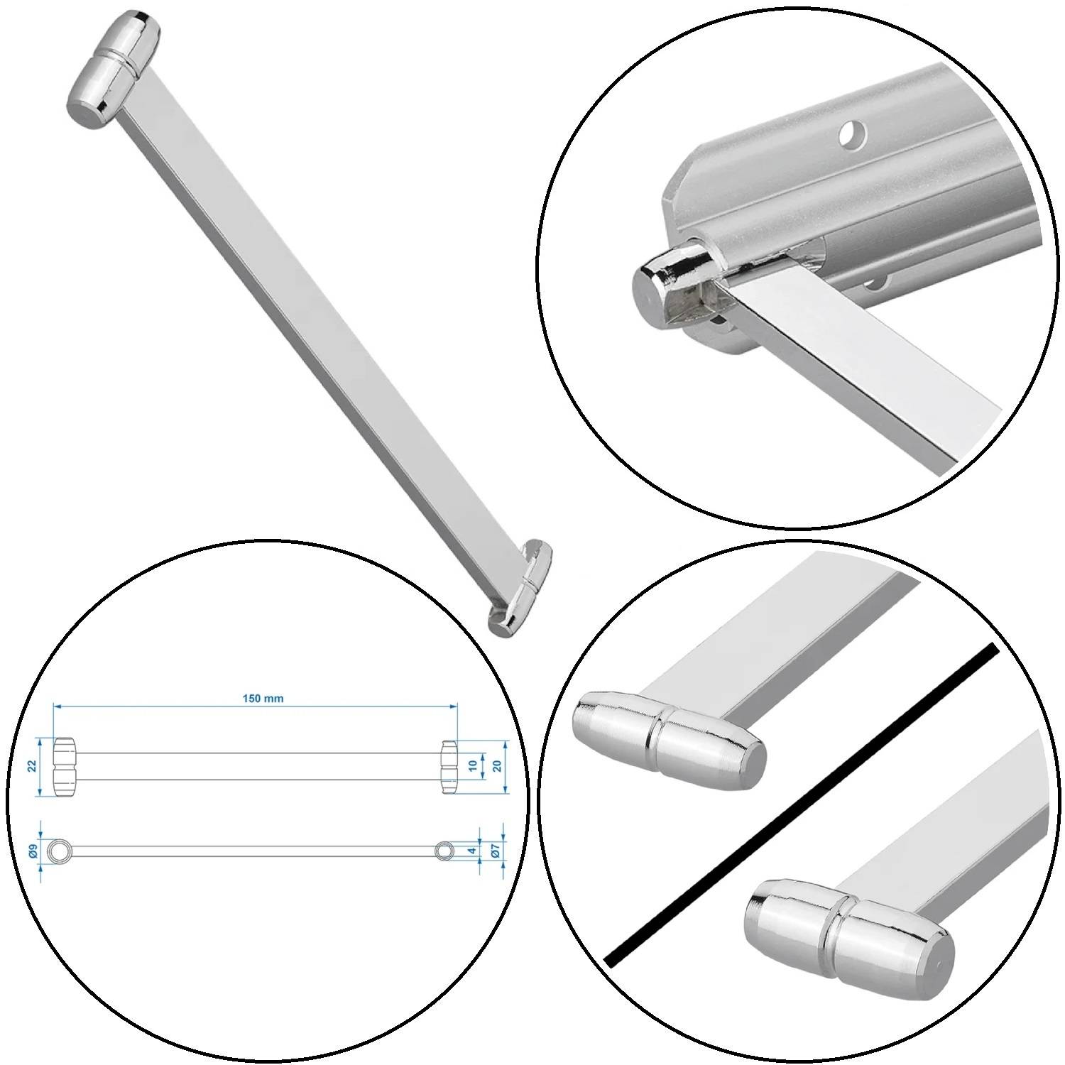 Aluminium-Handtuchhalter, 150 mm Länge, dargestellt in verschiedenen Ansichten: montiert, detaillierte Enden und technische Zeichnung mit Maßangaben.