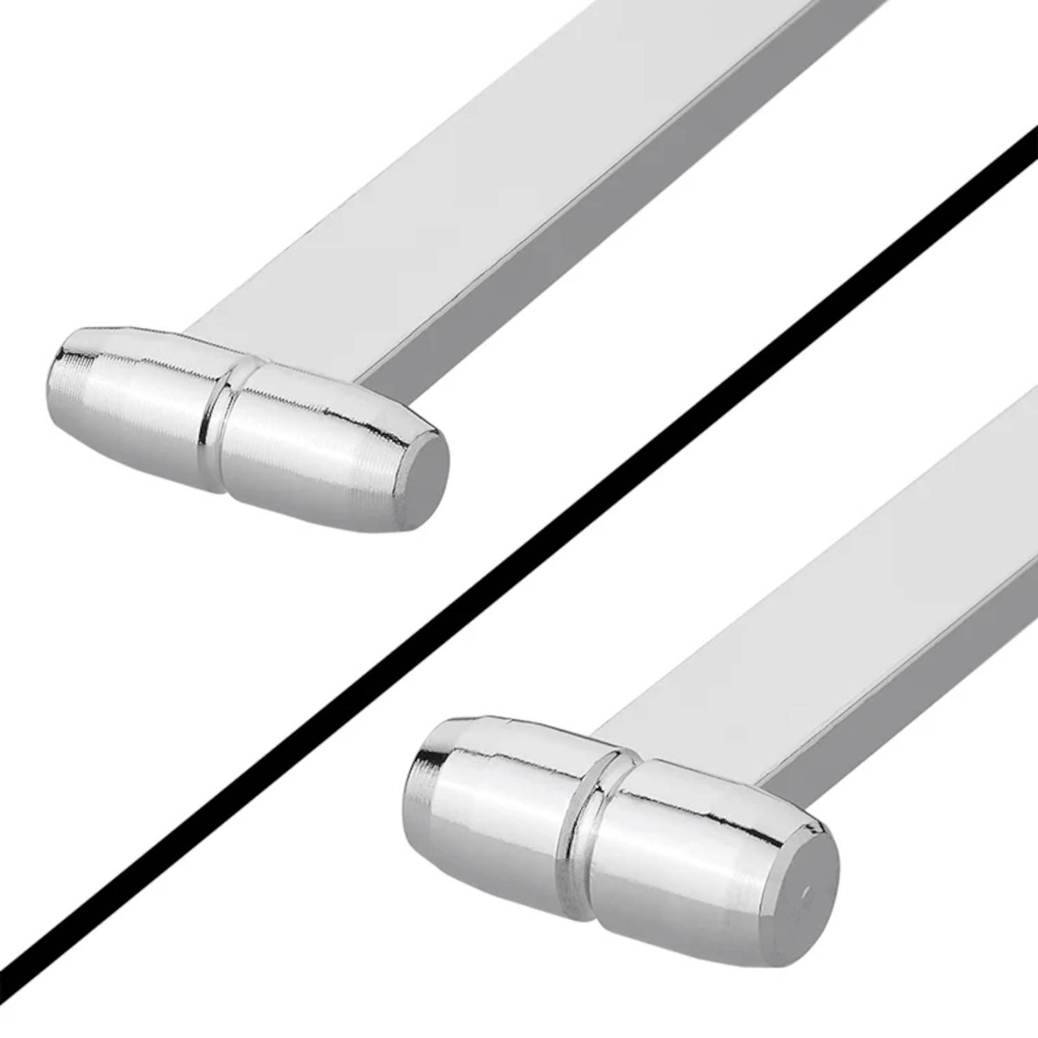 Zwei silberne Metallstäbe mit abgerundeten Enden werden diagonal ausgerichtet, parallel zueinander, vor einem weißen Hintergrund präsentiert.