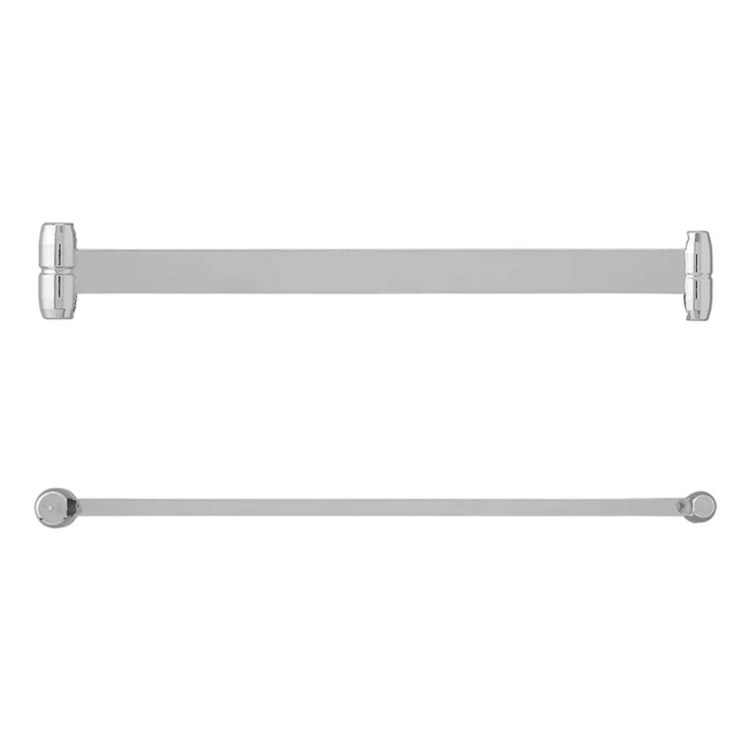 Zwei silberne Handtuchhalter: Der obere hat abgerundete Enden, während der untere schlichter und dünner ist, beide vor einem weißen Hintergrund.