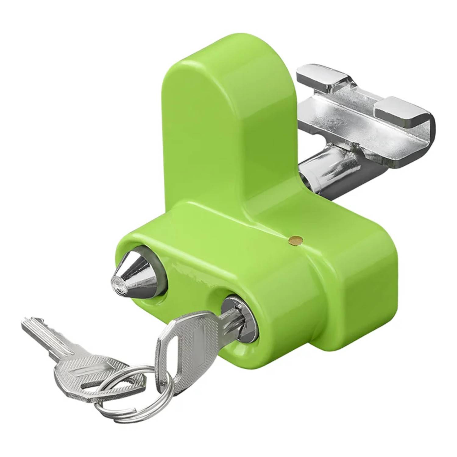 Grünes Lenkradschloss mit zwei eingefügten Schlüsseln, entwickelt zur Verhinderung von Fahrzeugdiebstahl.