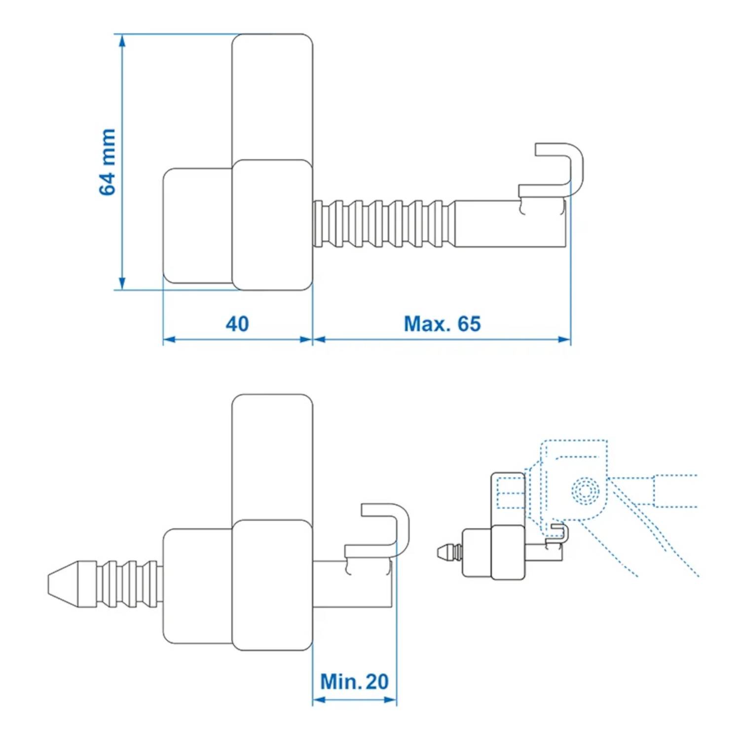 Technische Zeichnung eines mechanischen Bauteils mit Schlüsselmessungen: 64 mm Höhe, 40 mm Tiefe, max 65 mm, min 20 mm; Seiten- und Draufsicht.