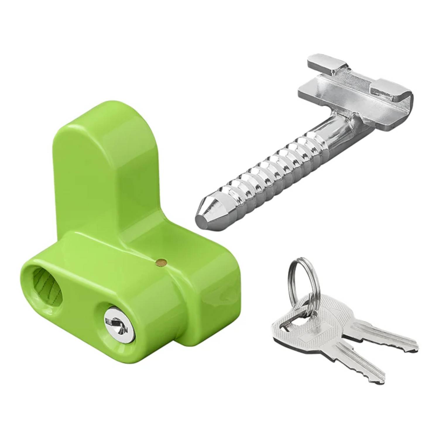 Ein grüner Knopfschloss-Satz mit einem silbernen Sicherungsstift und zwei Schlüsseln.