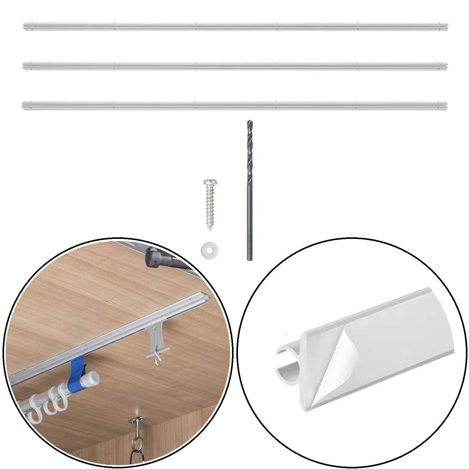 Metall-Vorhangschienenset mit drei Schienen, Befestigungsschrauben, Bohrer und Klebeband; montiert auf einer Holzoberfläche dargestellt.