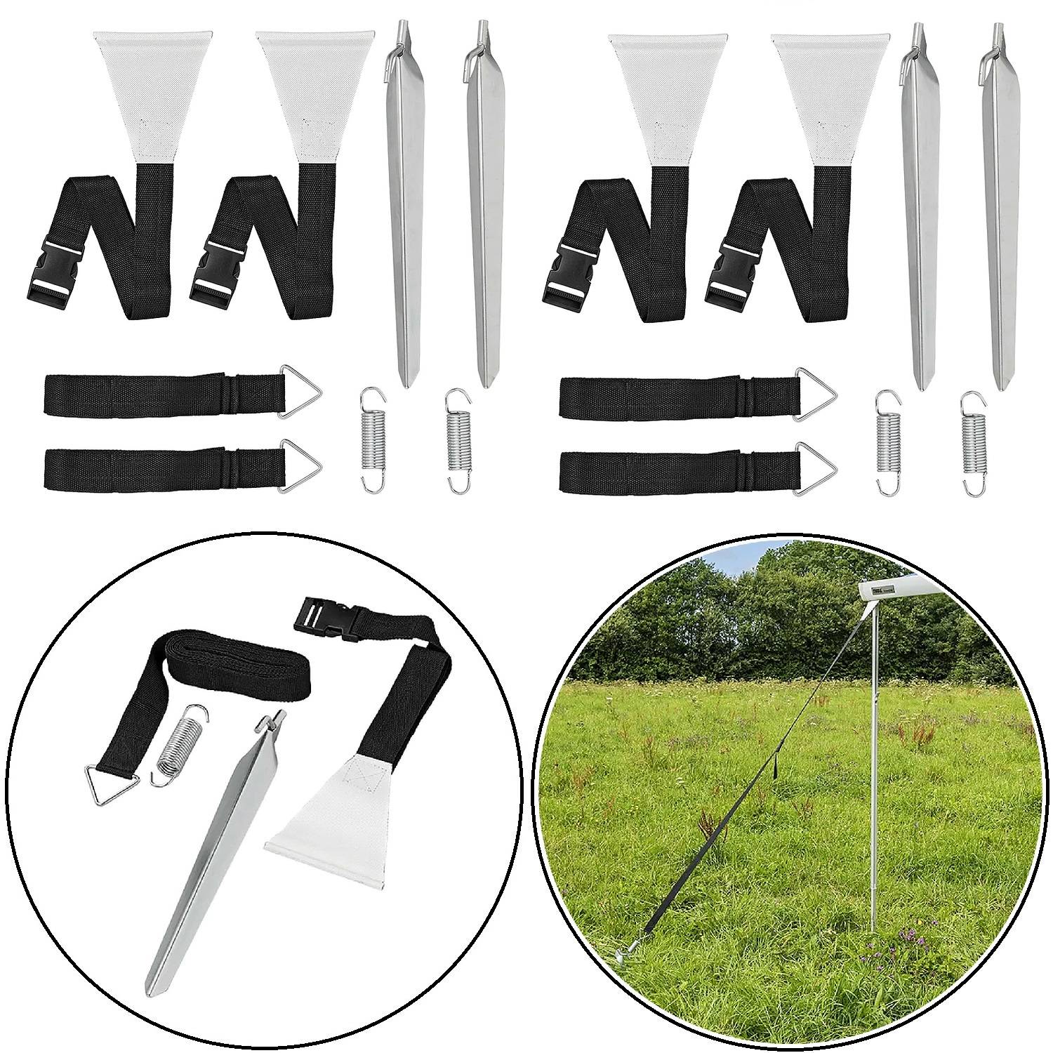 Ein Satz von vier metallischen Bodenankern mit schwarzen Riemen, Haken und Federn, präsentiert mit einem Detailausschnitt, der einen Anker zeigt, der einen Pfahl im Gras befestigt.