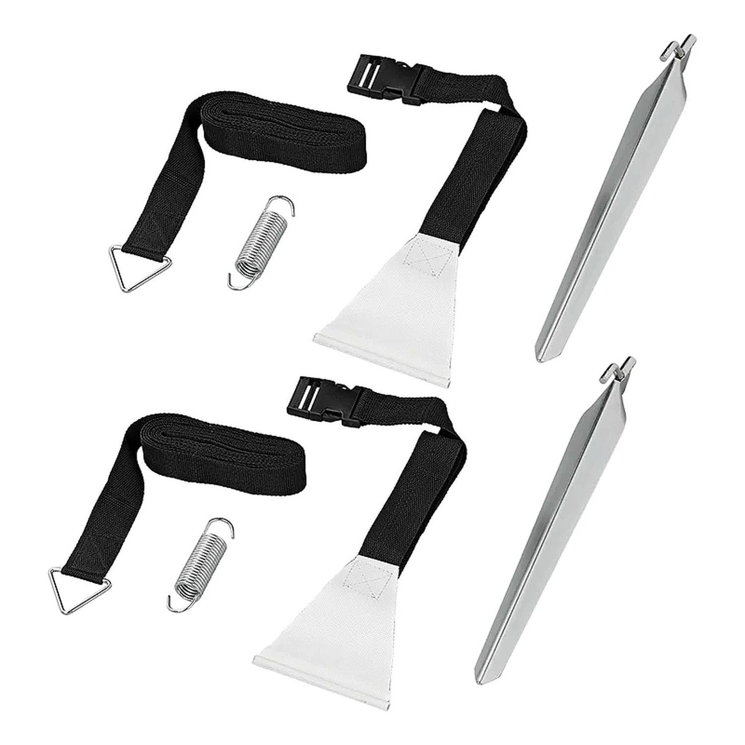 Vier Zeltheringe aus Metall, zwei schwarze Riemen mit Klammern und zwei silberne Federn werden präsentiert. Die Gegenstände dienen höchstwahrscheinlich zum Befestigen oder Aufbauen eines Zeltes.