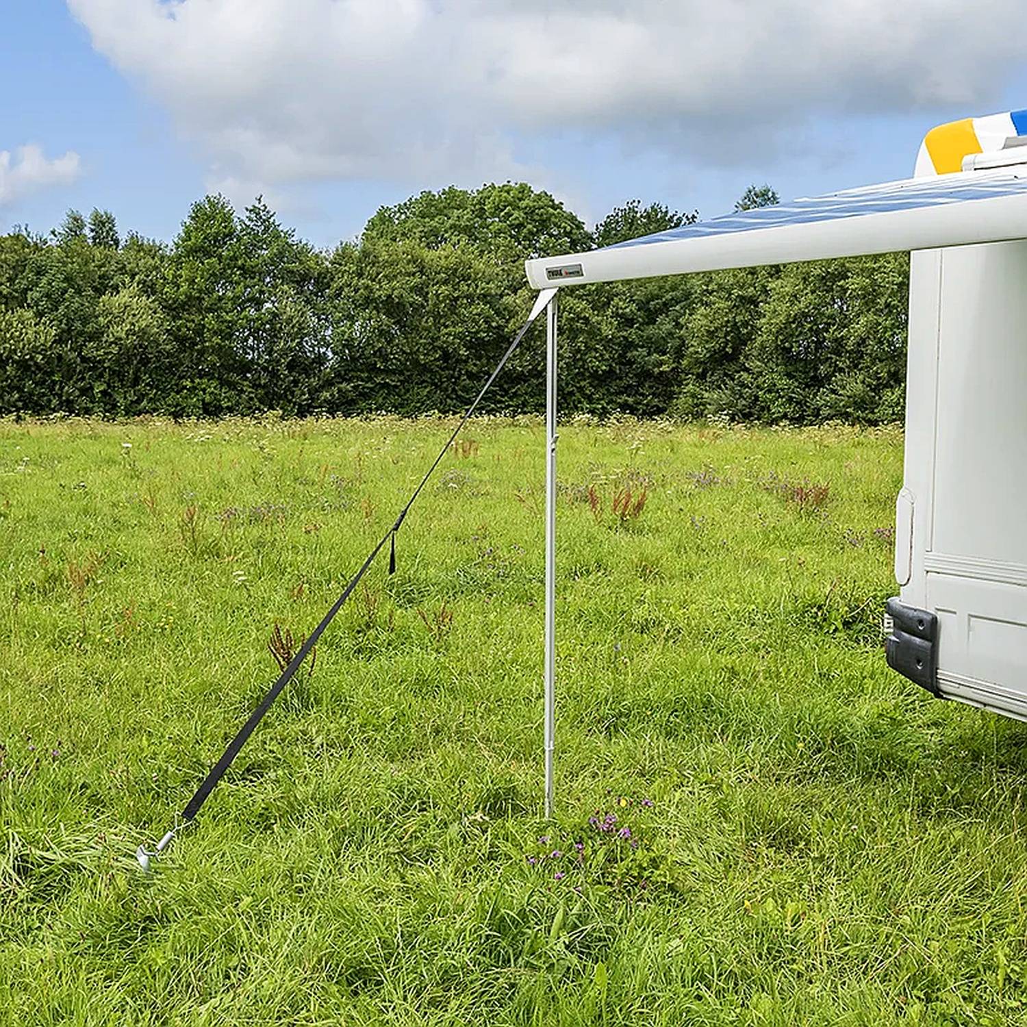 Ein Campingbus, der auf einem grasbewachsenen Feld geparkt ist, mit einer ausgefahrenen Markise zum Schutz vor Sonne, umgeben von Bäumen unter einem teilweise bewölkten Himmel.