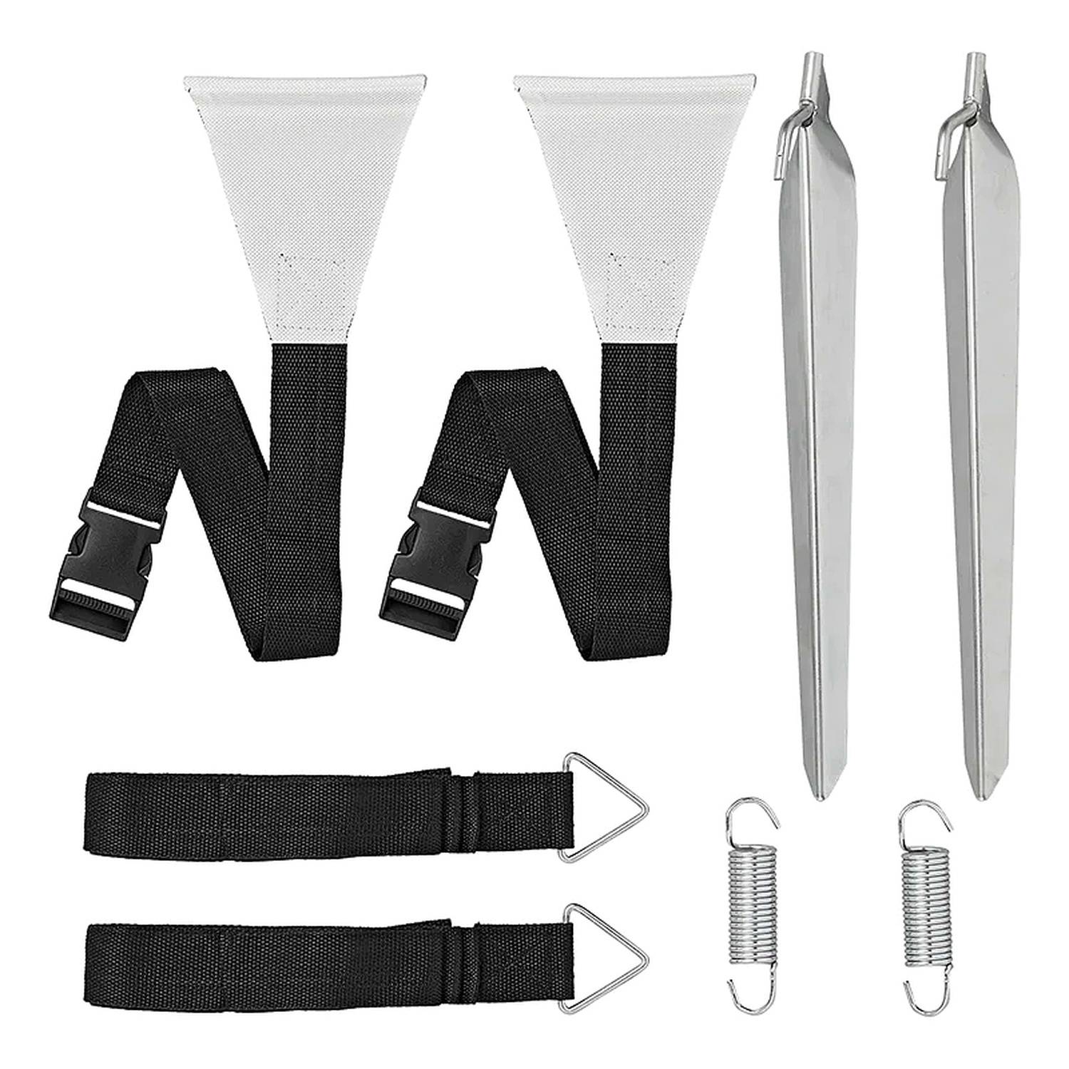 Hängematte Befestigungsset mit zwei Gurten, zwei Haken, zwei Platten und zwei Federn, entwickelt für eine sichere Montage einer Hängematte.