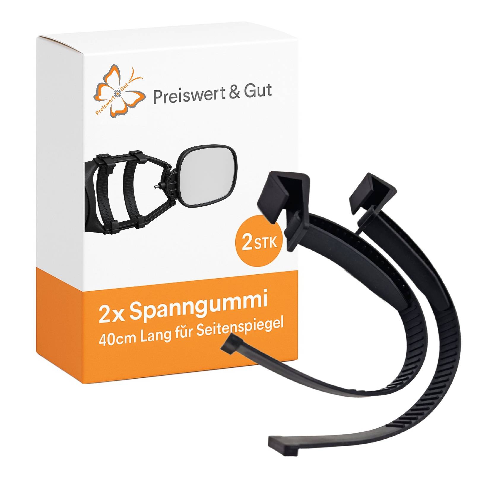 Paket mit der Aufschrift 'Preiswert & Gut' enthält zwei seitliche Spiegelstangenverlängerungen, 40 cm lang, für Außenspiegel von Fahrzeugen entwickelt.