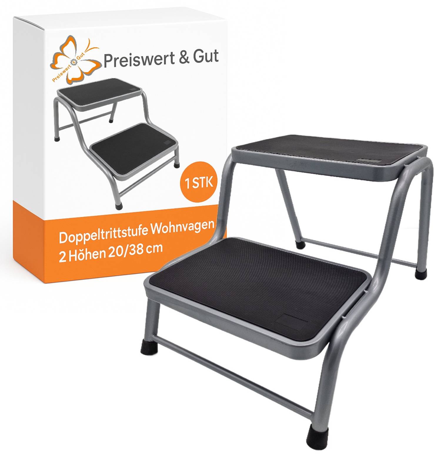 Ein Zweistufen-Tritthocker mit schwarzen Plattformen, daneben seine Verpackung. Das Produkt ist mit 'Preiswert & Gut' gekennzeichnet, was Erschwinglichkeit und Qualität signalisiert.