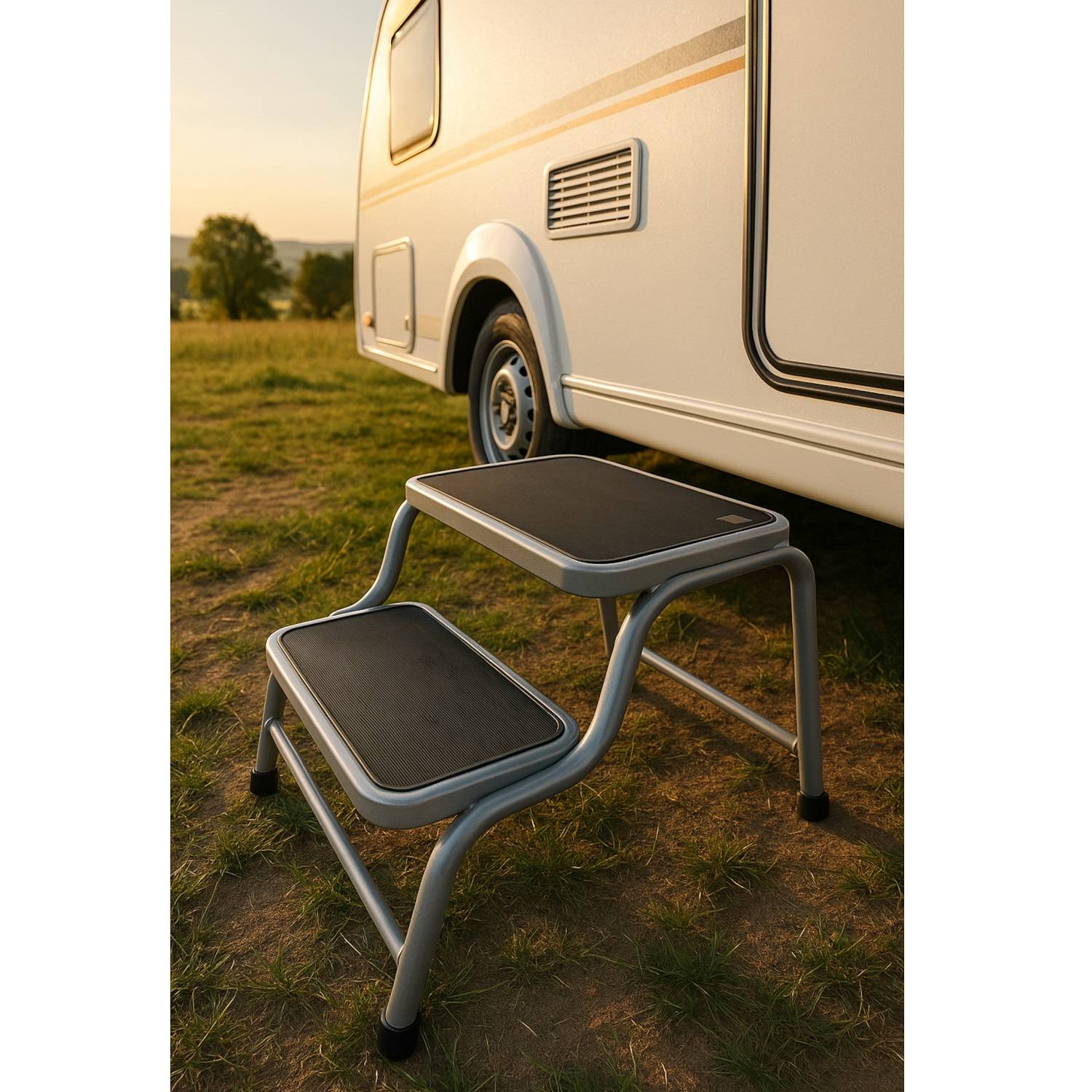 Doppeltrittstufe Wohnwagen aus Stahl – Rutschfeste Trittstufe mit 2 Höhen (20/38 cm) 2 Stufen 150 kg Traglast – Ideal für Camping, Wohnmobil