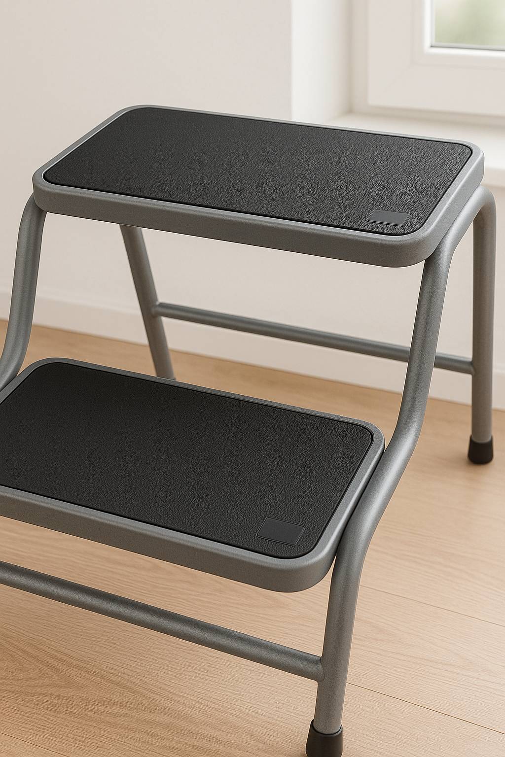 Eine kleine, zweistufige Metallleiter mit schwarzen Stufen auf einem Holzboden, die an einer weißen Wand angelehnt ist.