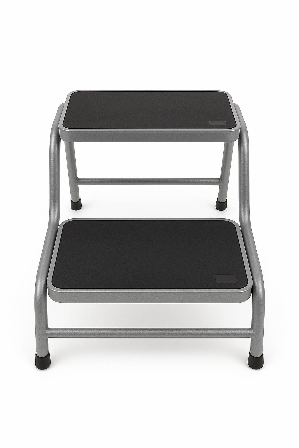 Ein zweistufiger Metallhocker mit schwarzen Gummiflächen, der zum sicheren Erreichen erhöhter Bereiche verwendet wird. Geeignet für Haus- oder Büronutzung.