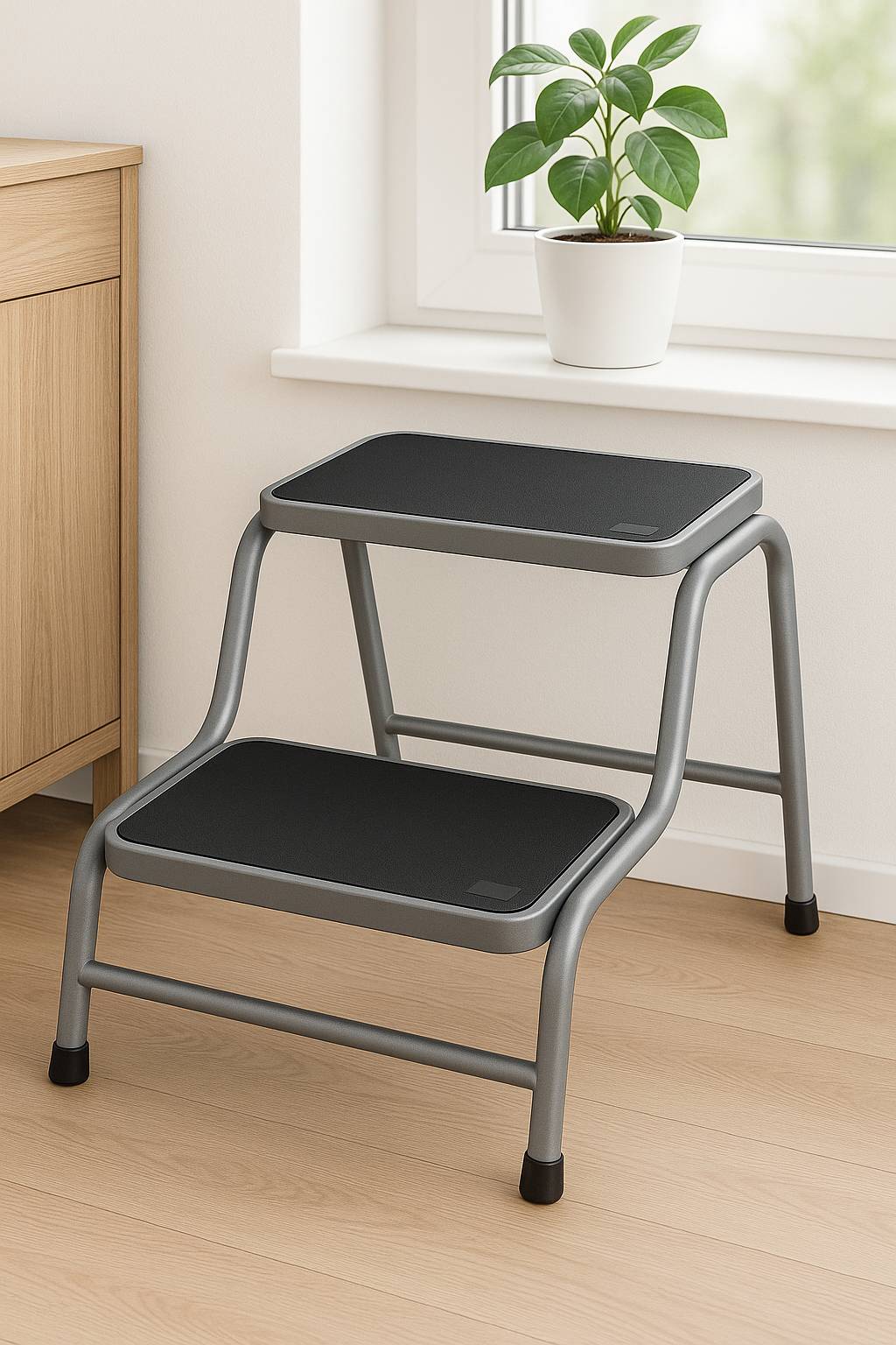 Ein zweistufiger Hocker mit schwarzen Stufen und silbernem Rahmen, der neben einem Fenster mit einer kleinen Topfpflanze, direkt neben einem Holzschrank, steht.