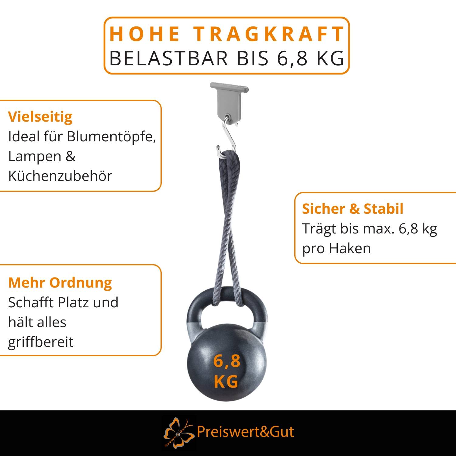 Bild eines robusten Hakens mit der Aufschrift 'Hohe Tragkraft' und 'Belastbar bis 6,8 kg'. Betont dessen Einsatz für Organisation und Stabilität.
