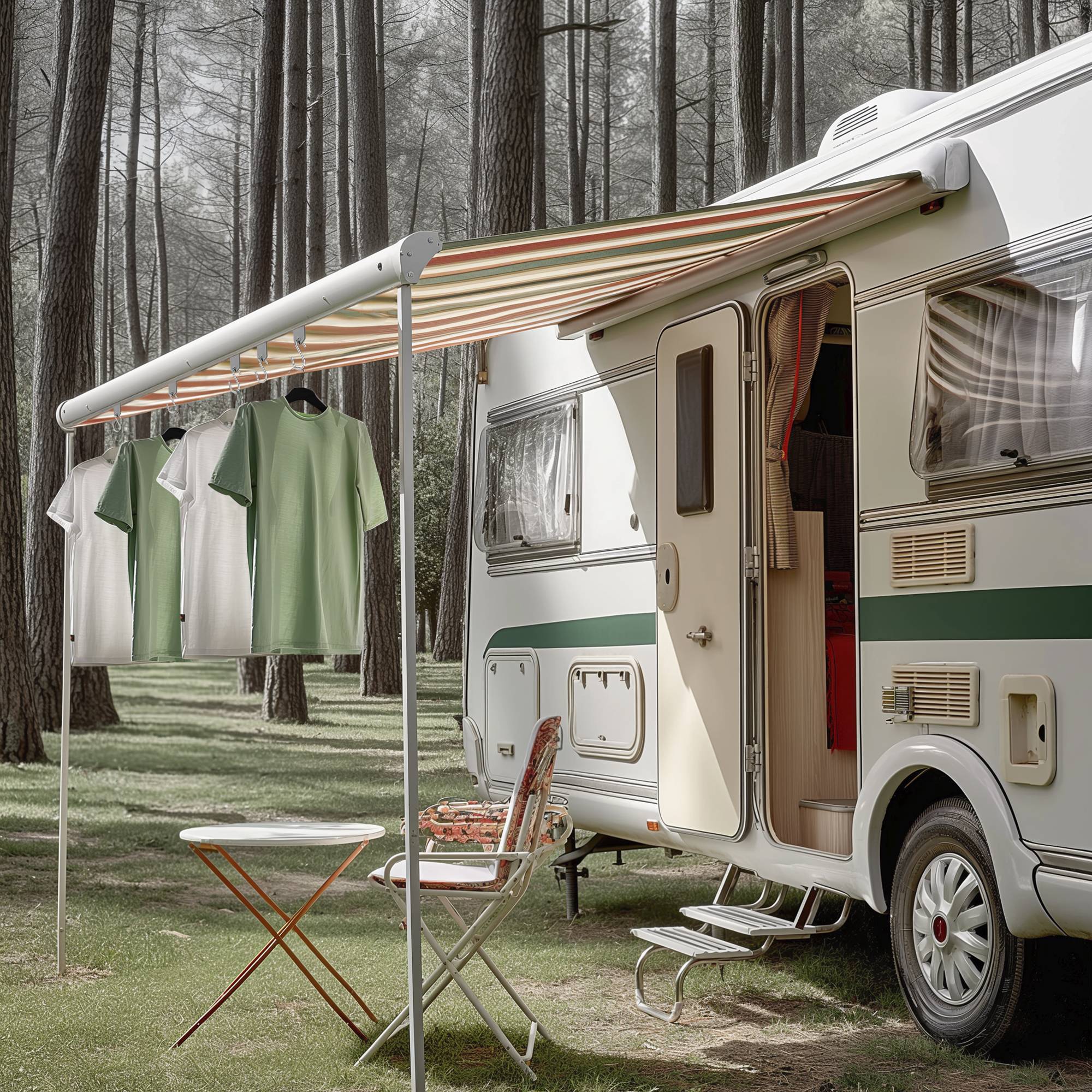Ein Campingbus ist in einem bewaldeten Gebiet geparkt, mit ausgefahrenem Vordach. Vier grüne Hemden hängen zum Trocknen an einer Wäscheleine. Ein kleiner Tisch und ein Stuhl stehen draußen.