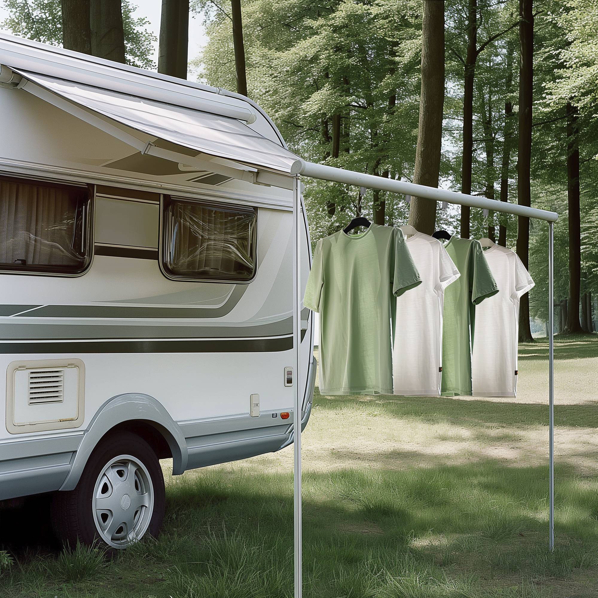 Ein Wohnwagen mit ausgefahrener Markise ist in einem bewaldeten Gebiet geparkt. Grüne und weiße Hemden hängen an einer Leine neben dem Wohnwagen. Bäume sind zu sehen.
