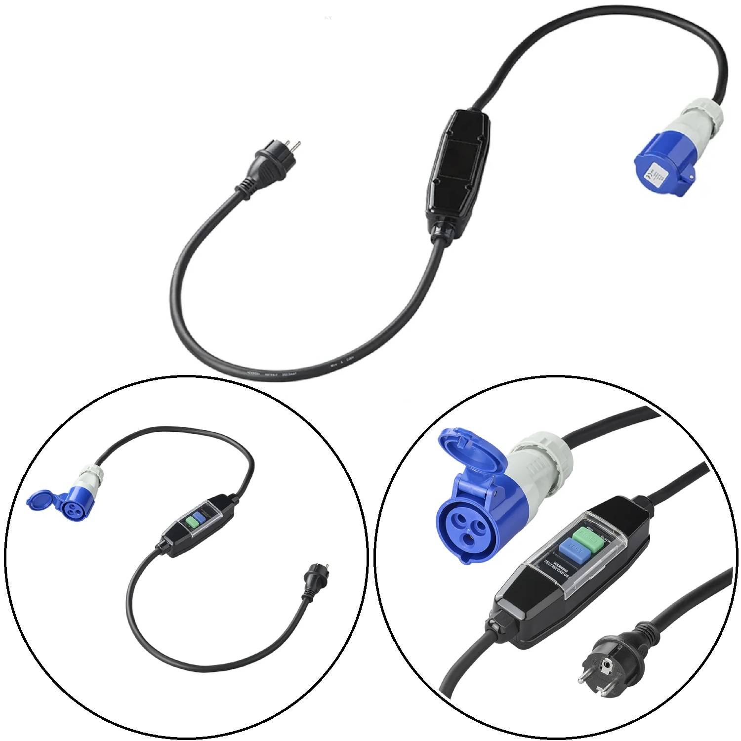 Ein schwarzes Kabel mit einem blauen Steckeradapter und einem Schalter in der Mitte, das aus verschiedenen Blickwinkeln gezeigt wird und Konnektivitätsmerkmale hervorhebt.