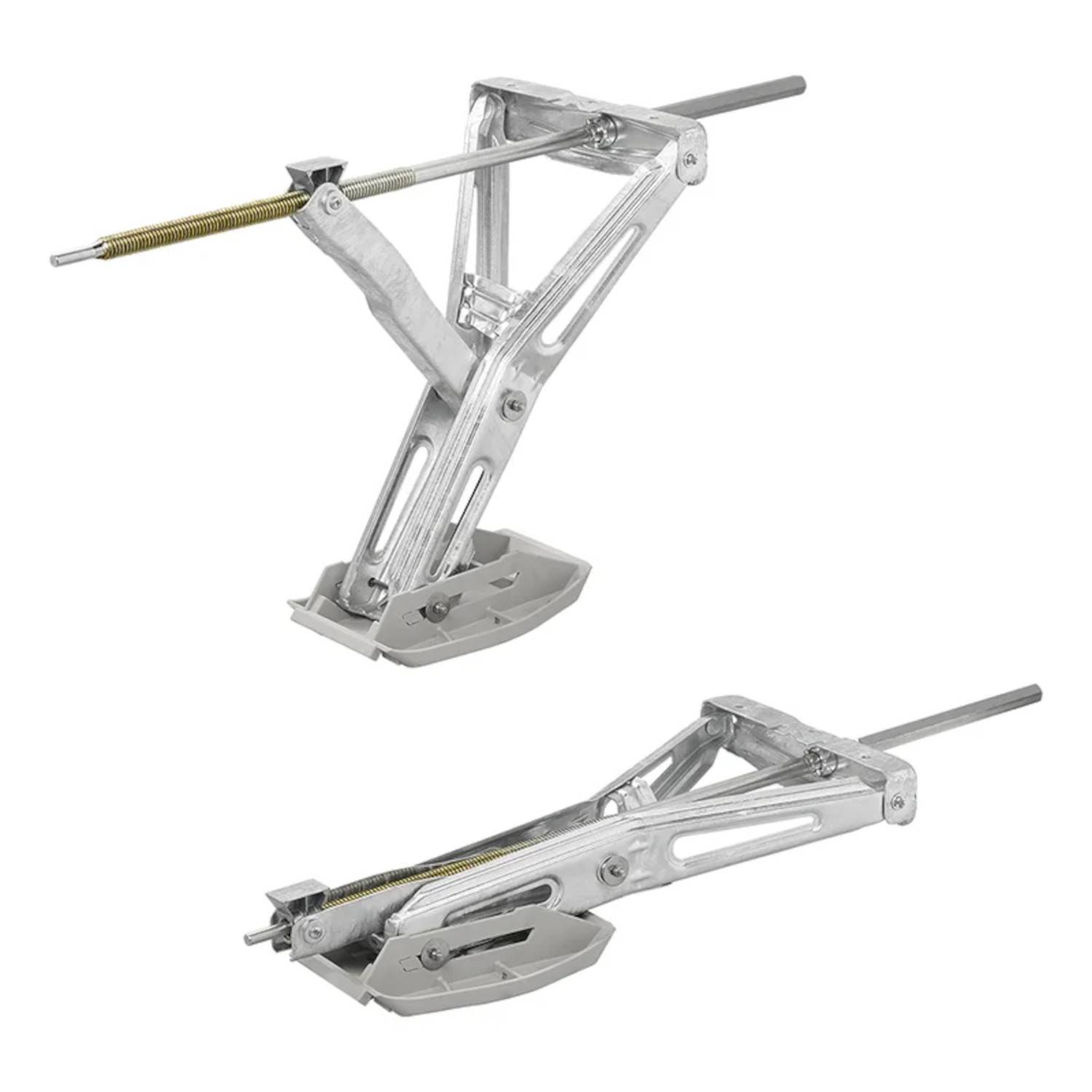 Zwei metallene Scherenheber, in aufrechter und zusammengefahrener Position dargestellt, die ihre ausfahrbaren und einfahrbaren Eigenschaften demonstrieren.