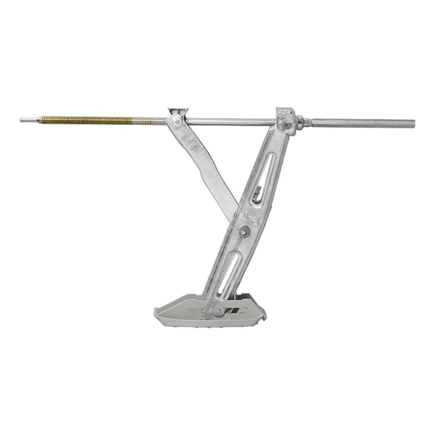 Ein Wagenheber in Position, der seinen Schraubenmechanismus und seine Stützstruktur zeigt, der zum Anheben von Fahrzeugen während der Wartung verwendet wird.