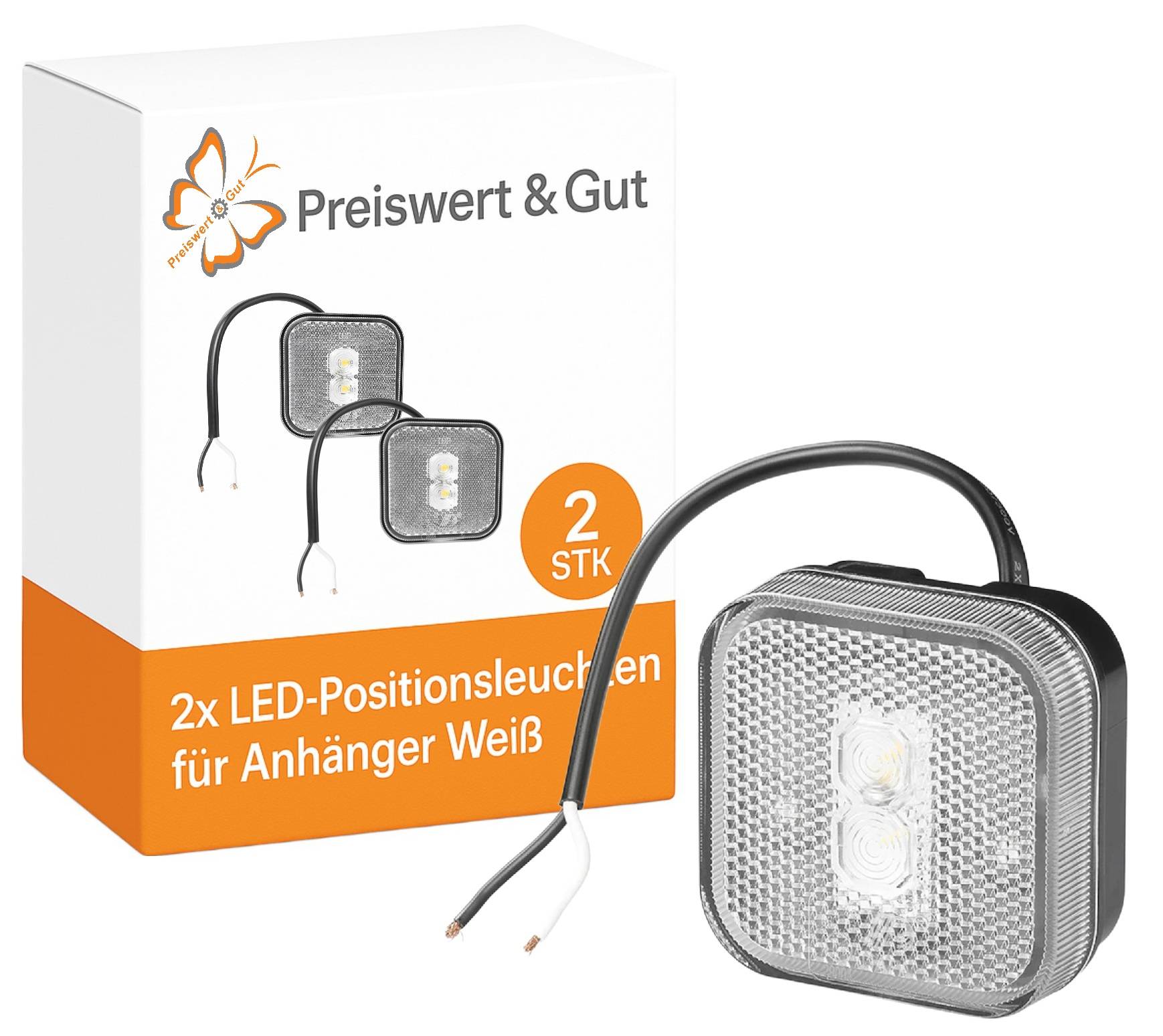 2x LED-Positionsleuchten für Anhänger Weiß' Verpackung mit zwei Leuchten und sichtbarer Verkabelung. Markenlogo 'Preiswert & Gut' mit Schmetterlingsicon.