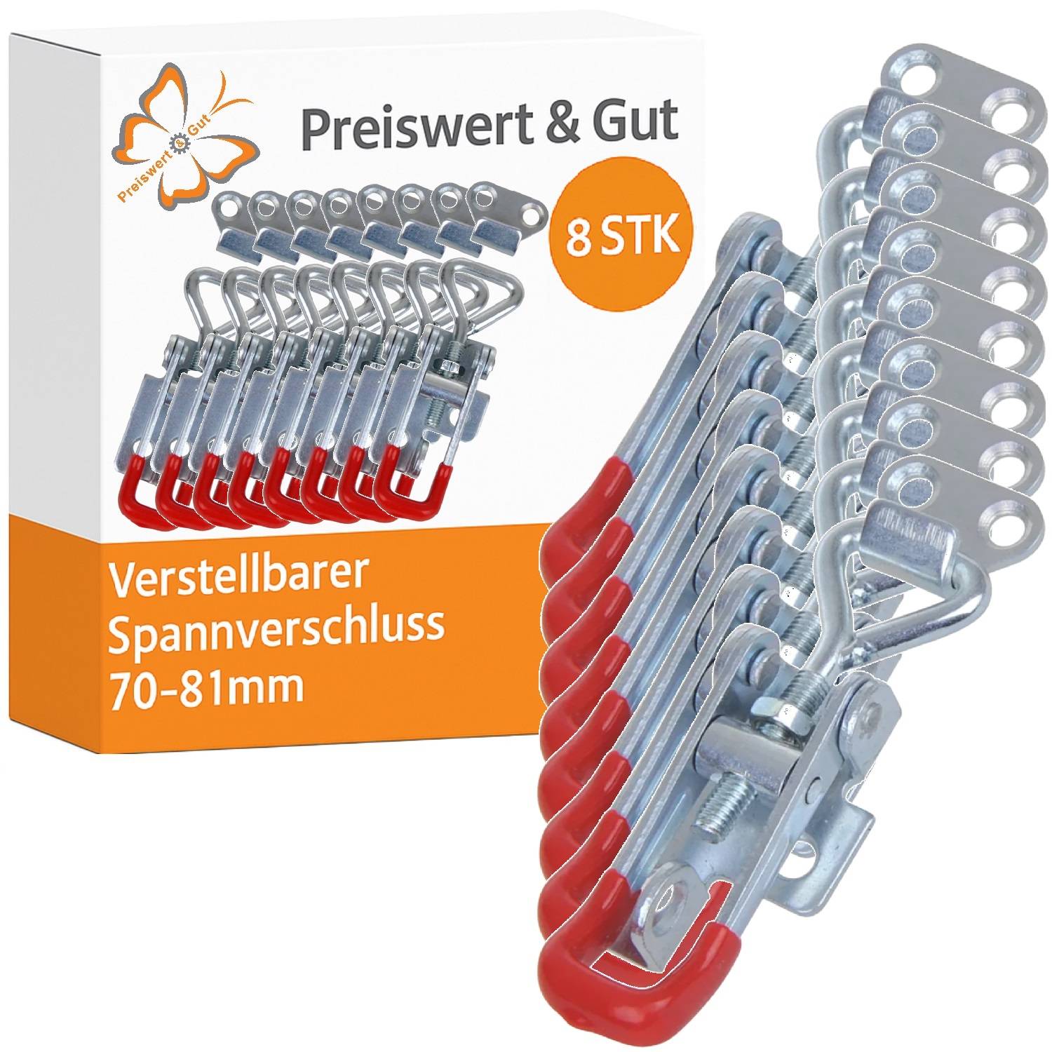 Ein Paket mit acht verstellbaren Spannverschlüssen, beschriftet mit 'Preiswert & Gut', 'Verstellbarer Spannverschluss 70-81mm', mit roten Griffen.