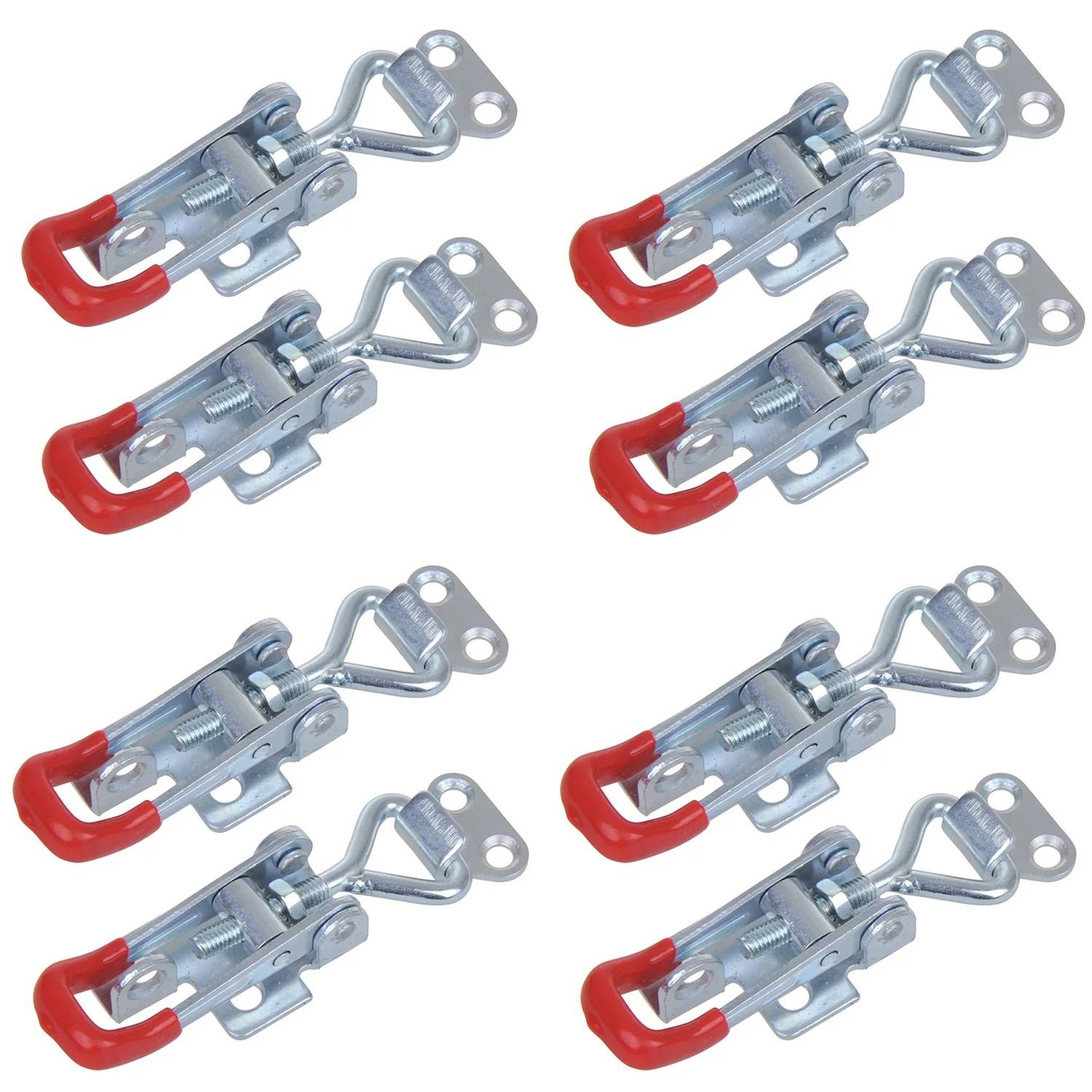 Acht silberne Kippverschlüsse mit roten Griffen, in zwei Reihen angeordnet. Die Verschlüsse sind metallisch und symmetrisch gestaltet.