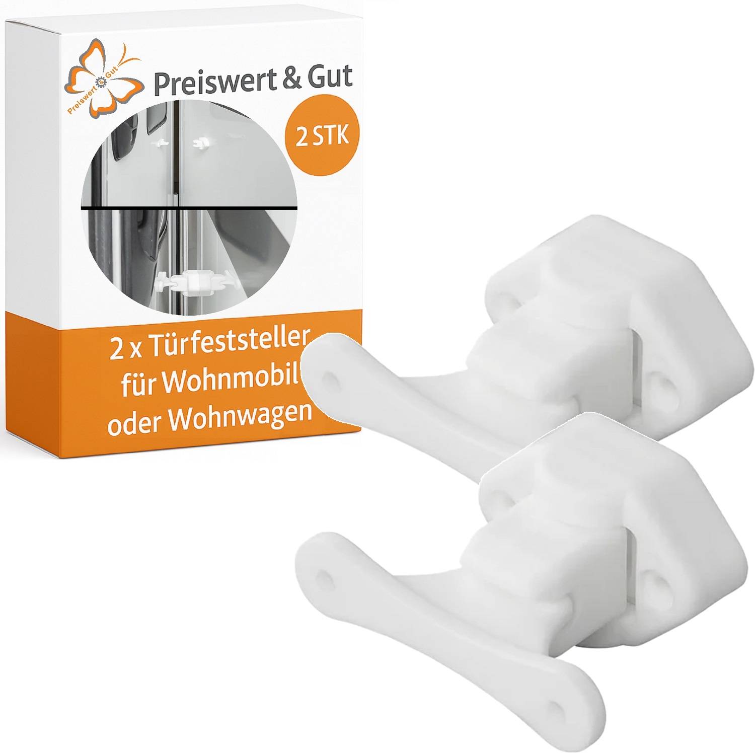 Packung mit zwei weißen Kunststoff-Türfeststellern für Wohnmobile oder Wohnwagen, abgebildet neben der orange-weißen Verpackung.