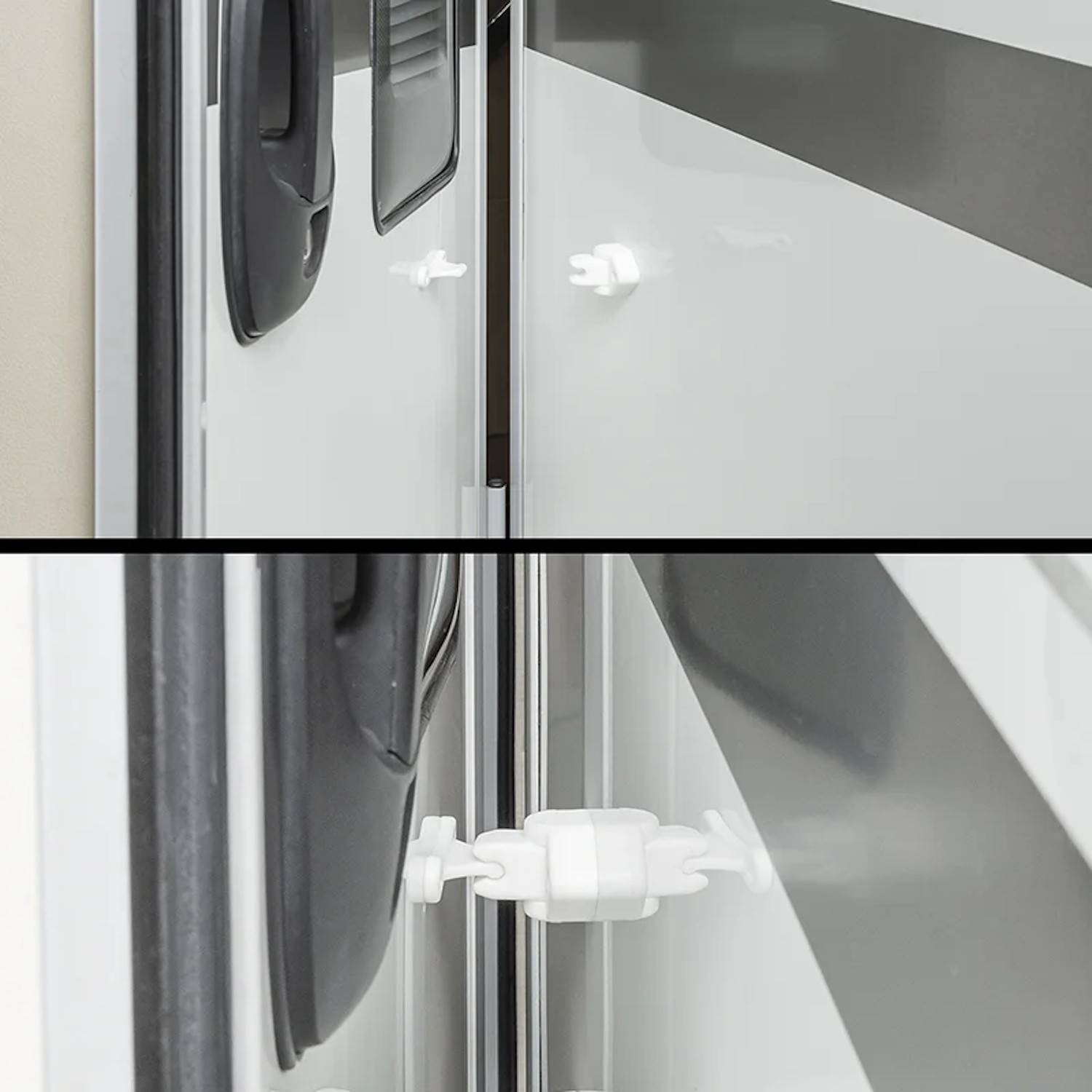 Nahaufnahme von zwei Bildern, die einen Verschlussmechanismus an einer weißen Tür zeigen, wobei die sichere Befestigung an einem Fahrzeug hervorgehoben wird.