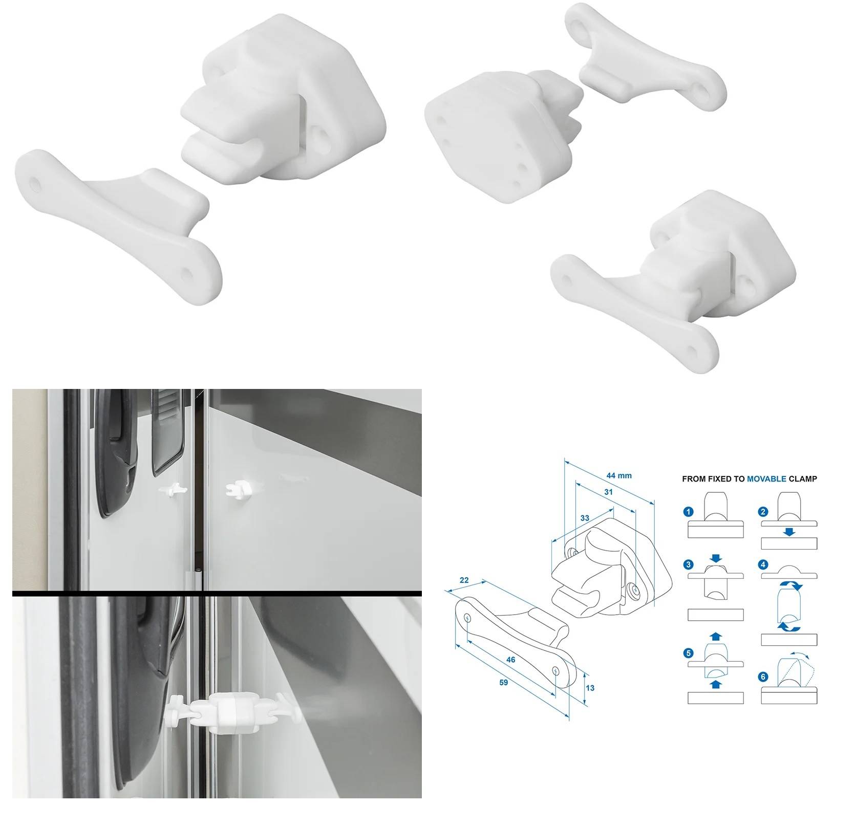 Weiße Türscharniere für Fahrzeugtüren mit Installationsdiagramm und Fotos, die die Verwendung an einem grau gestreiften Fahrzeug zeigen.
