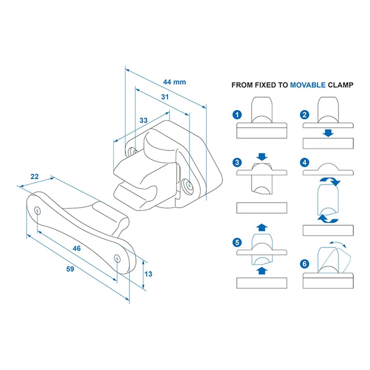 Diagramm mit Abmessungen und Installationsschritten zur Umwandlung einer festen Klemmvorrichtung in eine bewegliche Klemmvorrichtung. Enthält detaillierte Maßangaben und sechs Installationsillustrationen.