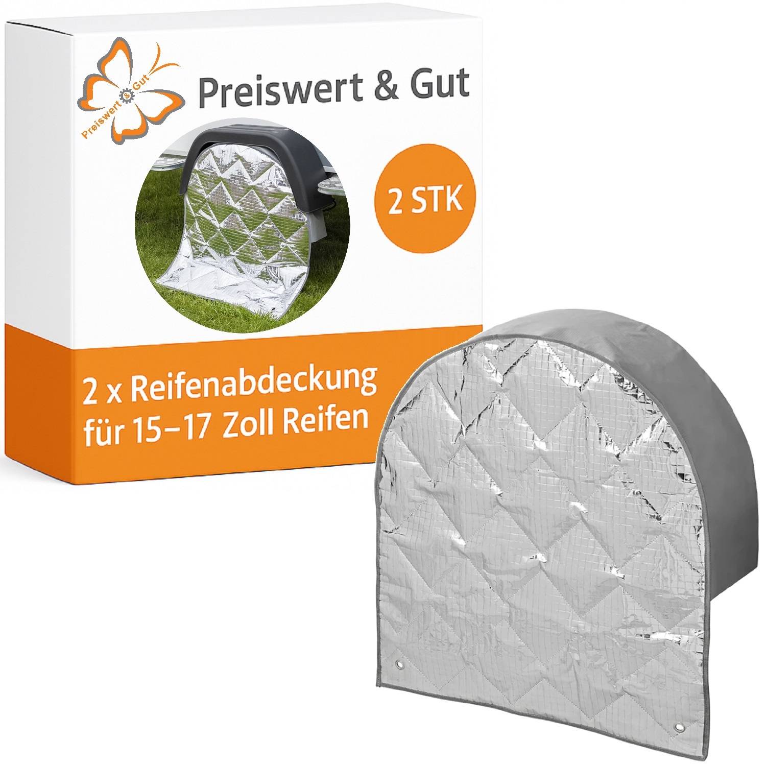 Verpackung für 'Preiswert & Gut' Reifenabdeckungen für 15-17 Zoll Reifen. Zeigt eine silberne Abdeckung teilweise auf einem Reifen vor einem Auto.
