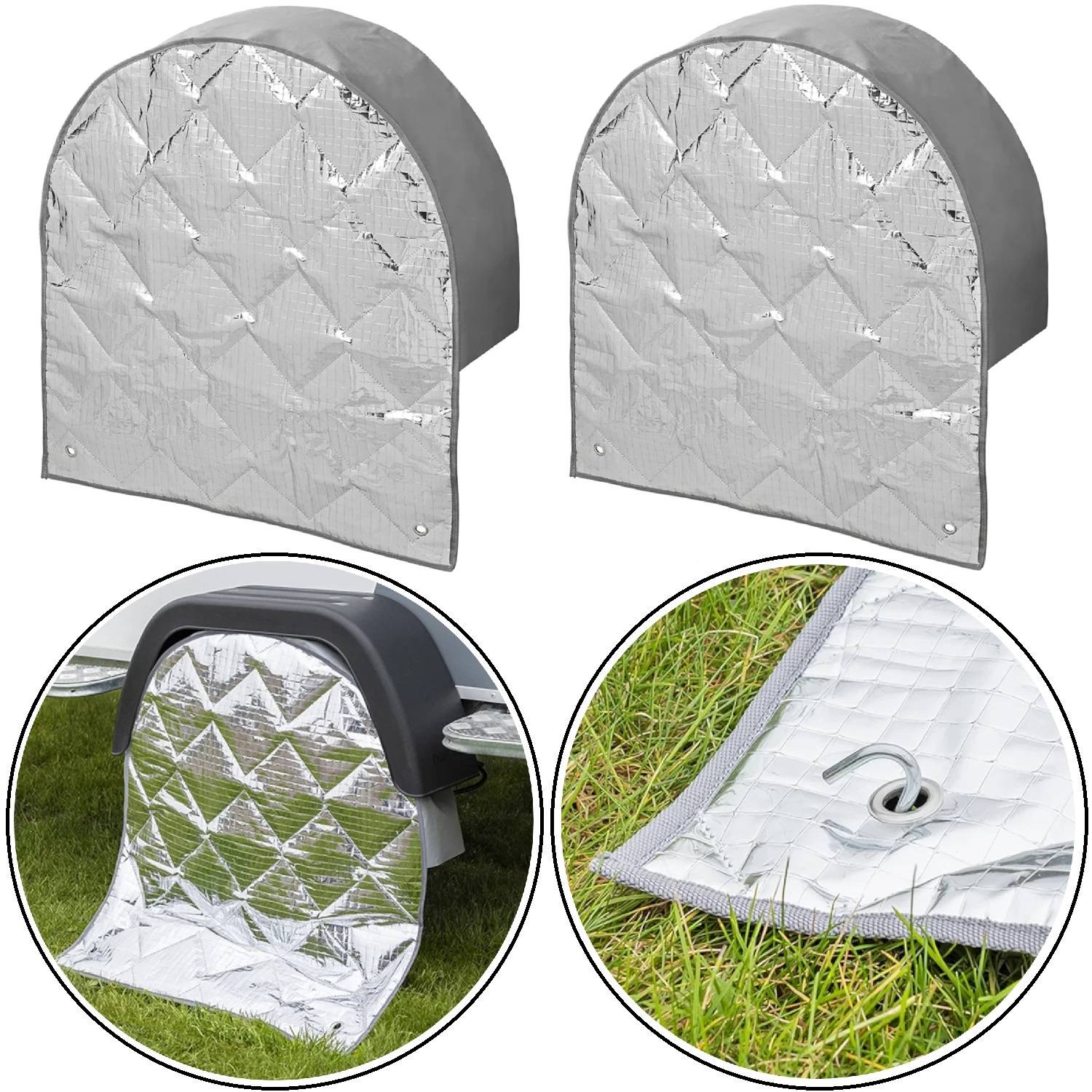 Reifenschutz mit reflektierender Steppstoff-Abdeckung, der Räder auf Rasenfläche zeigt; enthält Nahaufnahme des Befestigungshakens.