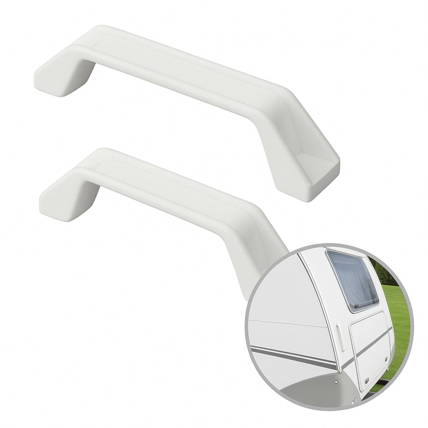 Zwei weiße Plastikgriffe werden gezeigt, zusammen mit einem Detailbild des Eingangsbereichs eines Wohnmobils, das veranschaulicht, wo die Griffe installiert werden.