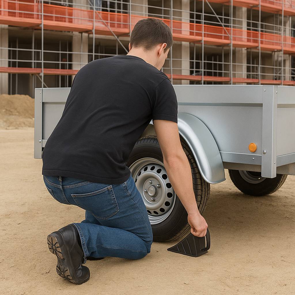 Eine Person in Jeans und einem schwarzen Shirt kniet auf sandigem Boden und platziert einen Radkeil hinter dem Rad eines grauen Anhängers, um Stabilität zu gewährleisten.