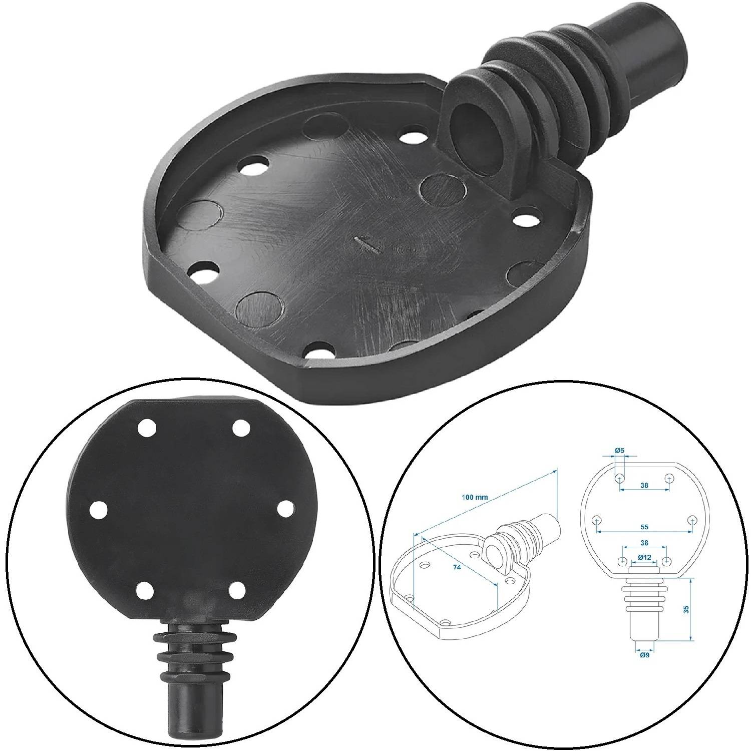 Gummimatte mit mehreren Löchern, verwendet für Stellfüße. Enthält eine Schemazeichnung mit Abmessungen und Lochanordnung für präzise Montage.