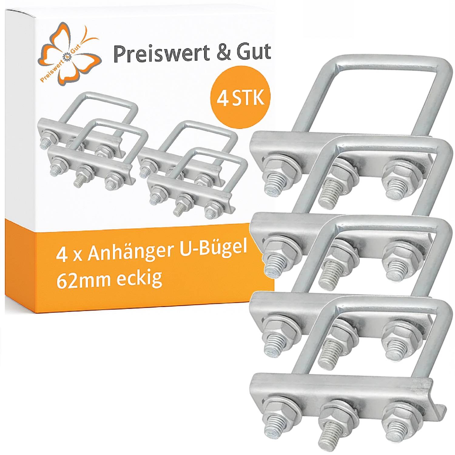 4 x Anhänger U-Bügel, 62mm eckig' auf der Verpackung gedruckt. Vier Metall-U-Bügel mit Muttern sind sichtbar und veranschaulichen das Produkt.