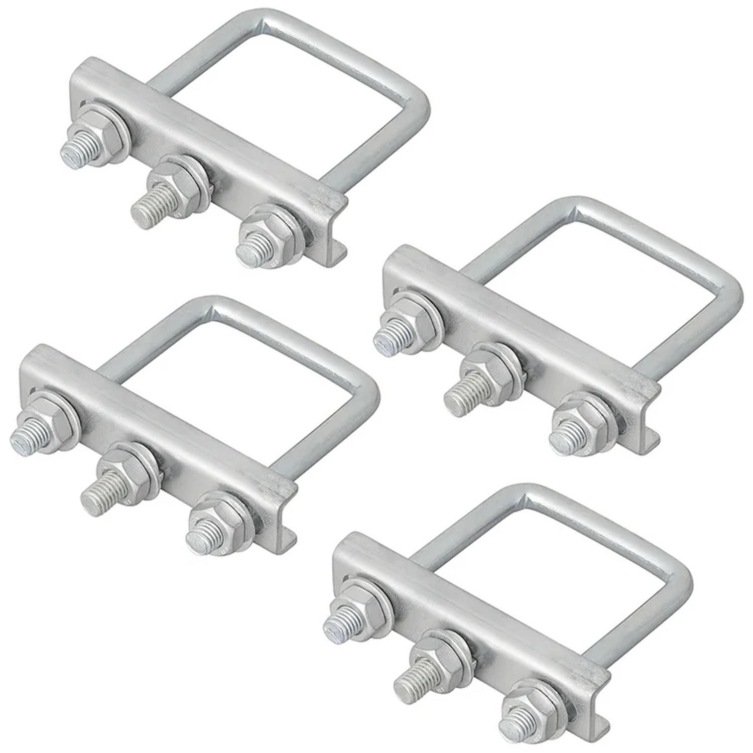 Vier U-Schraubenklemmen aus Metall, wobei jede eine U-förmige Schraube mit gewindeten Enden und eine rechteckige Platte aufweist, die mit drei Muttern befestigt wird.