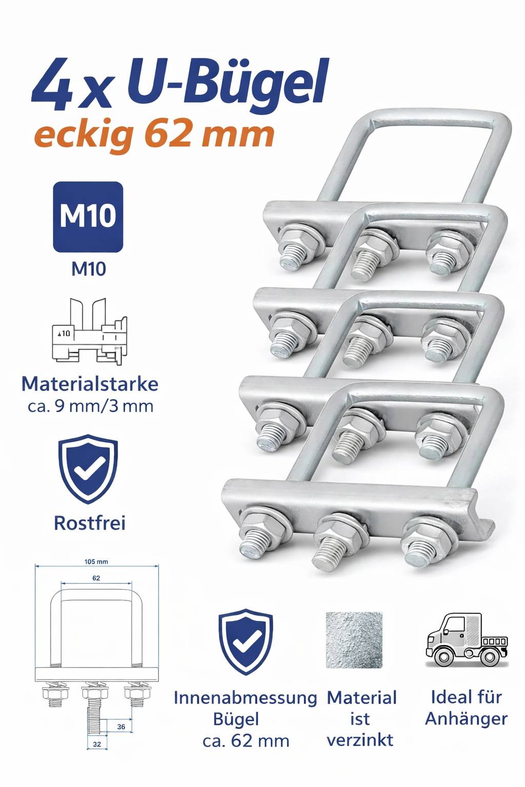 U-Bolzen-Set mit Muttern und Scheiben, quadratisch, 62 mm Breite, M10-Größe, Materialstärke ca. 9 mm/3 mm, rostfreier Edelstahl.