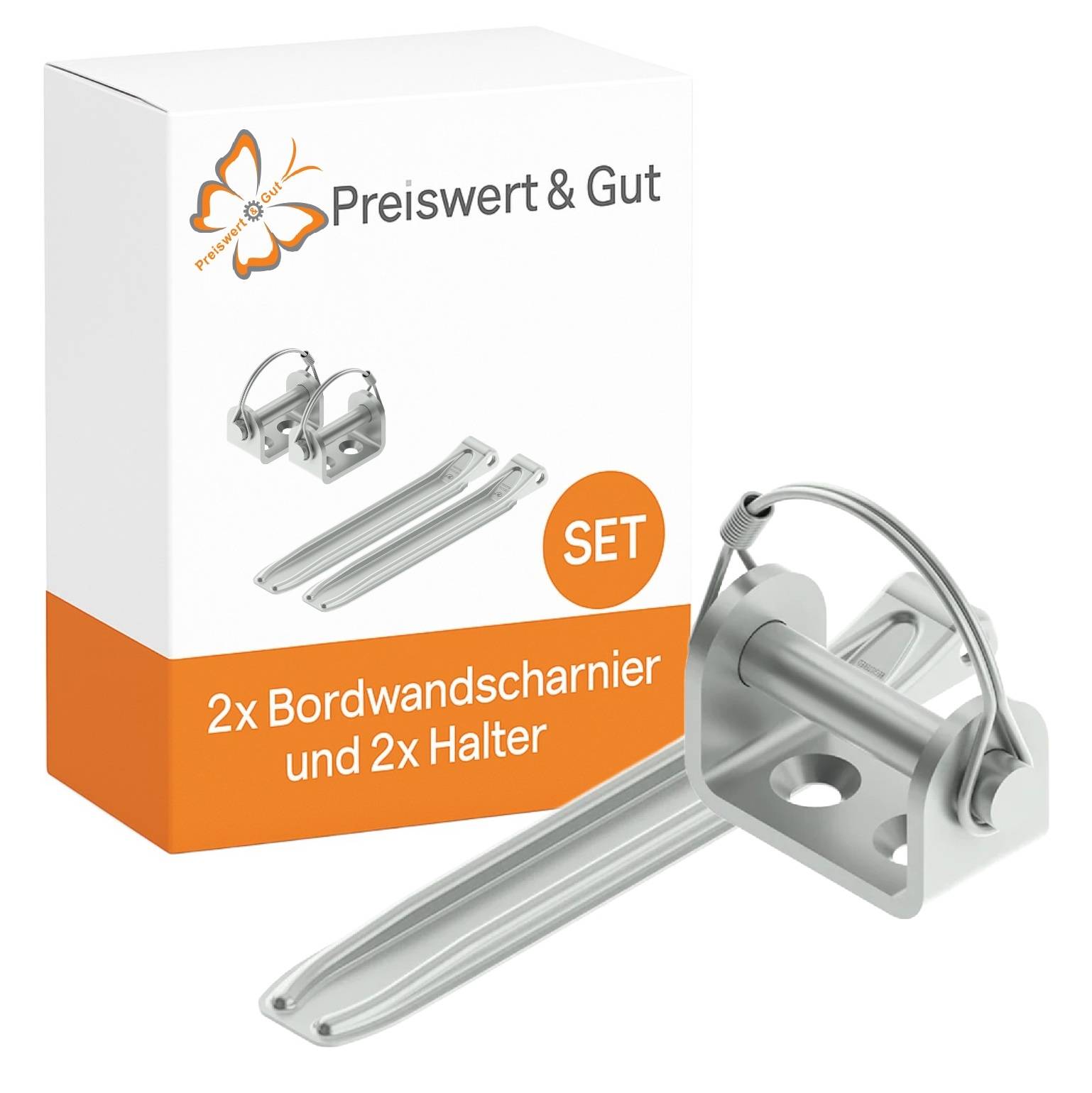 Karton mit Hardware-Teilen, gekennzeichnet mit 'Preiswert & Gut', enthält 2 Scharniere und 2 Halterungen zur Montage; ein Schmetterlingslogo ist sichtbar.