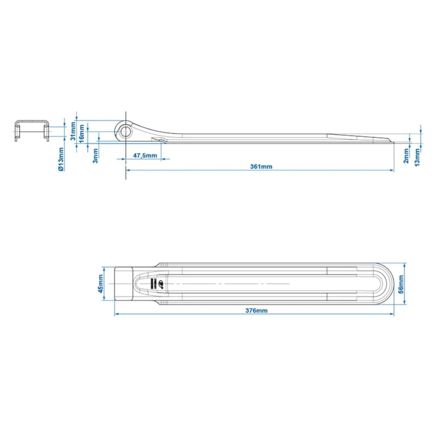 Technische Zeichnung eines Stabes mit Maßangaben; Draufsicht zeigt 376 mm Länge, 62,1 mm Breite; Seitenansicht zeigt 366 mm Länge, 47,5 mm Höhe.