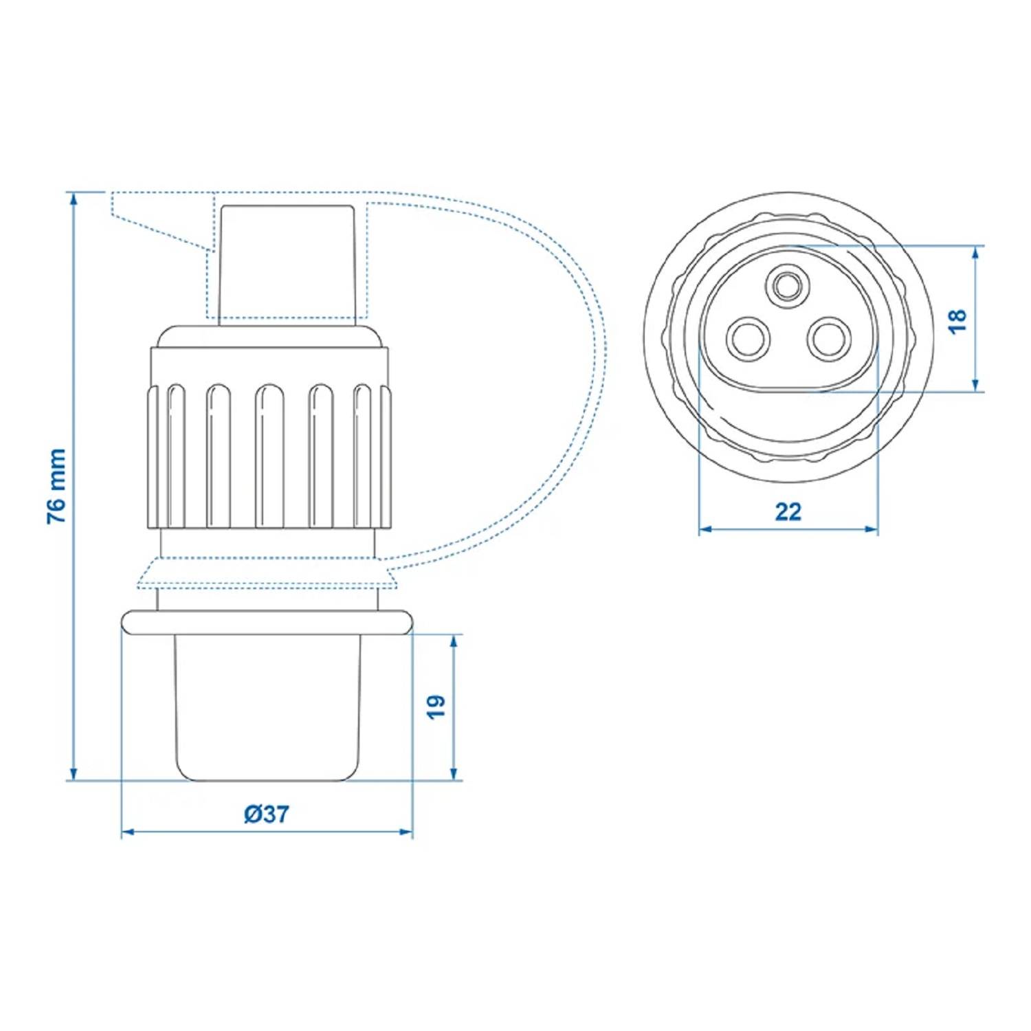 Technische Zeichnung eines Steckers und einer Steckdose. Seiten- und Draufsicht zeigen Abmessungen: Höhe 76 mm, Breite 37 mm, Socketdurchmesser 22 mm.