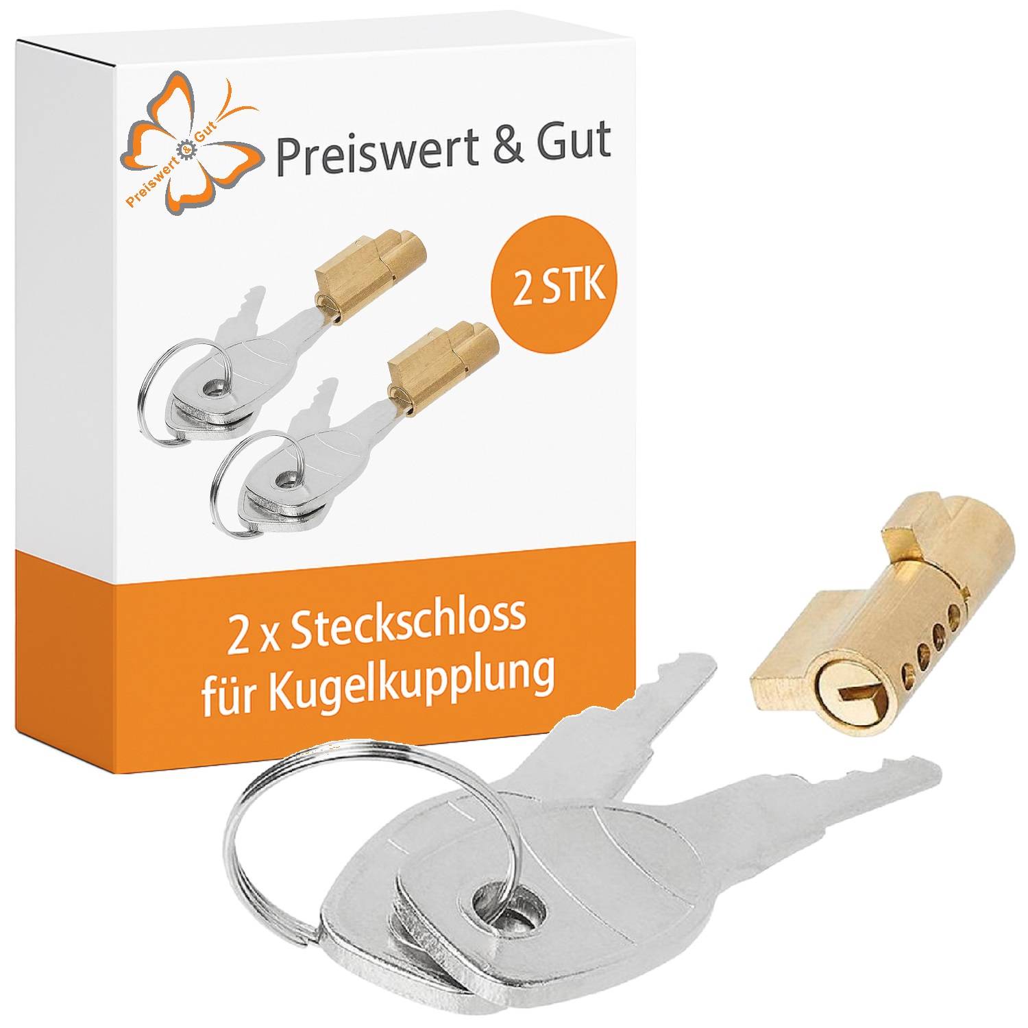 Zwei Messingzylinderschlösser mit Schlüsseln, konstruiert für Kugelkupplungen. Auf der Verpackung steht 